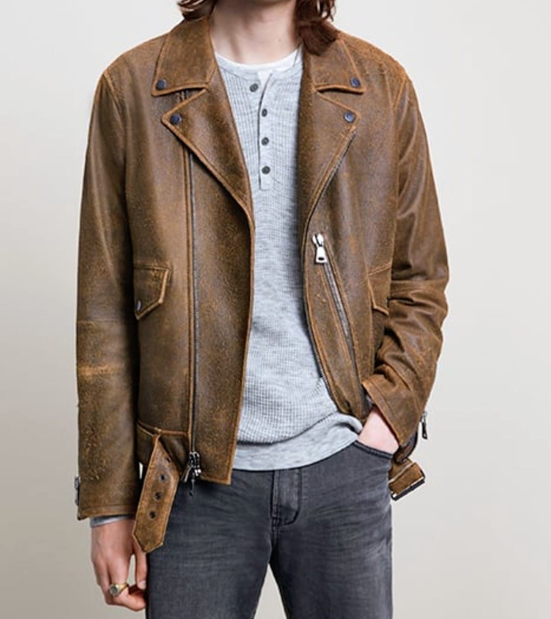 John Varvatos  Heren Leather Biker jackt, bruin