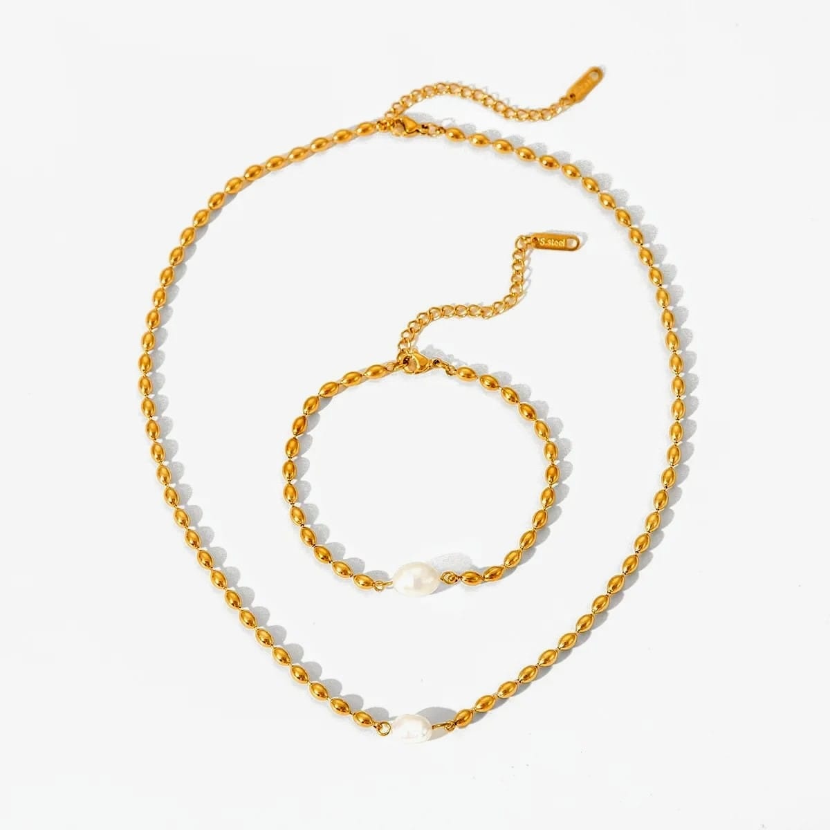 Laura Lombardi Dames Goldplated set armband en ketting family Parel, goudkleurig