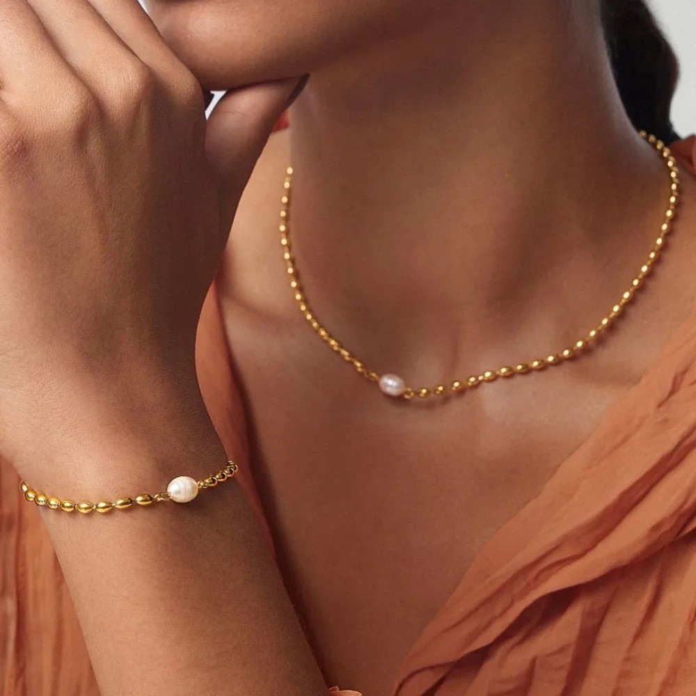 Laura Lombardi Dames Goldplated set armband en ketting family Parel, goudkleurig