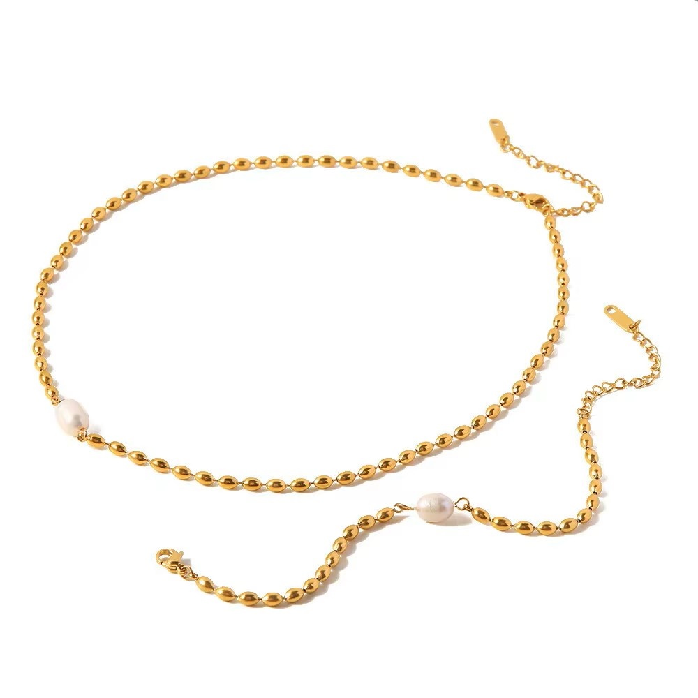 Laura Lombardi Dames Goldplated set armband en ketting family Parel, goudkleurig