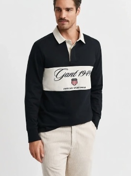GANT Rugby Heren Lange Poloshirt, zwart