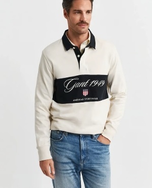 GANT Rugby Heren Lange Mouwen Poloshirt, zwart