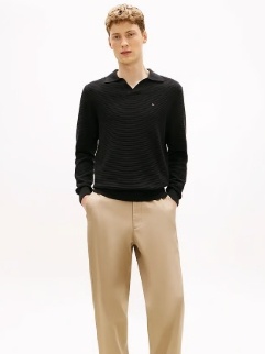 Tommy Hilfiger Heren Lange Mouwen Poloshirt, zwart