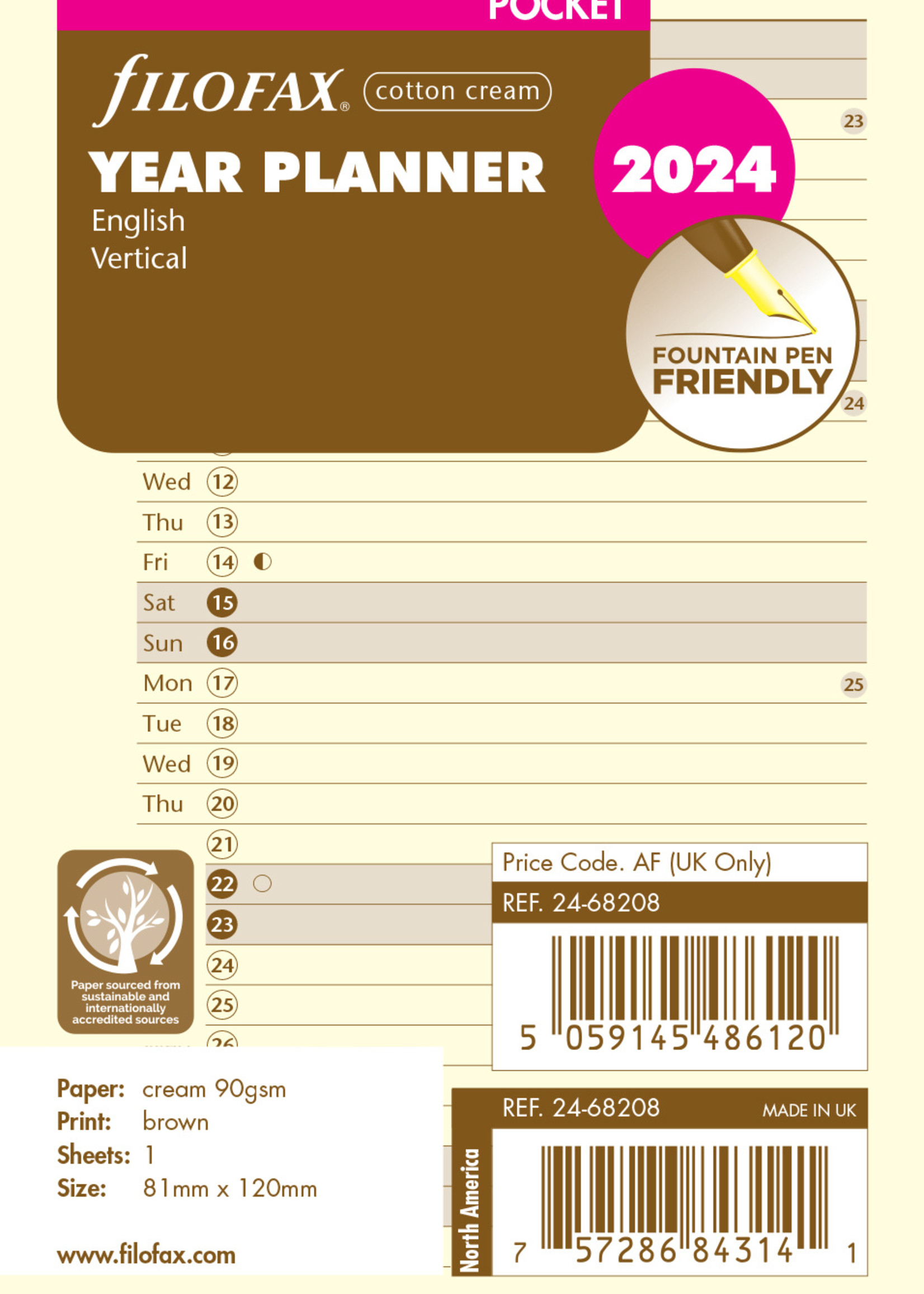 Filofax Pocket Kalendereinlage 2024 Jahresplaner Leporello Cotton Cream Englisch
