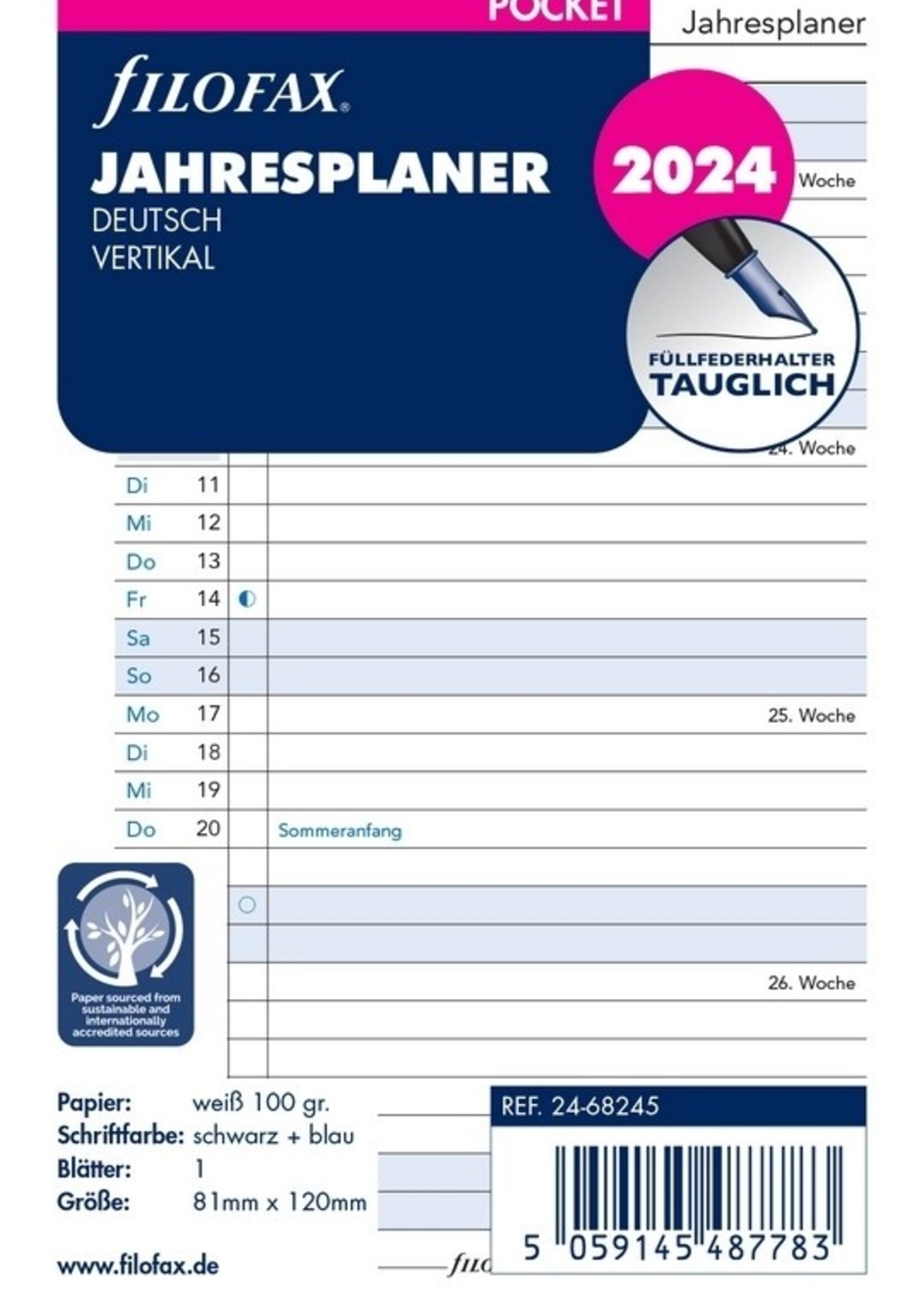 Filofax Filofax Pocket Kalendereinlage 2024 Jahresplan Leporello Weiß Deutsch