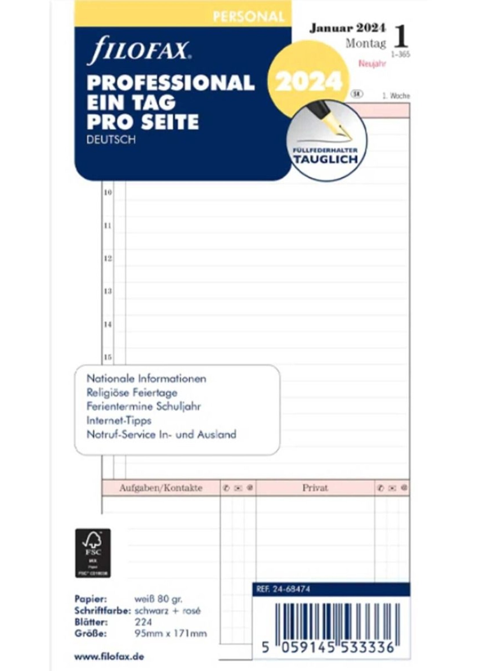 Filofax FILOFAX Kalendereinlage 2024 Personal 1 Tag / 1 Seite professional