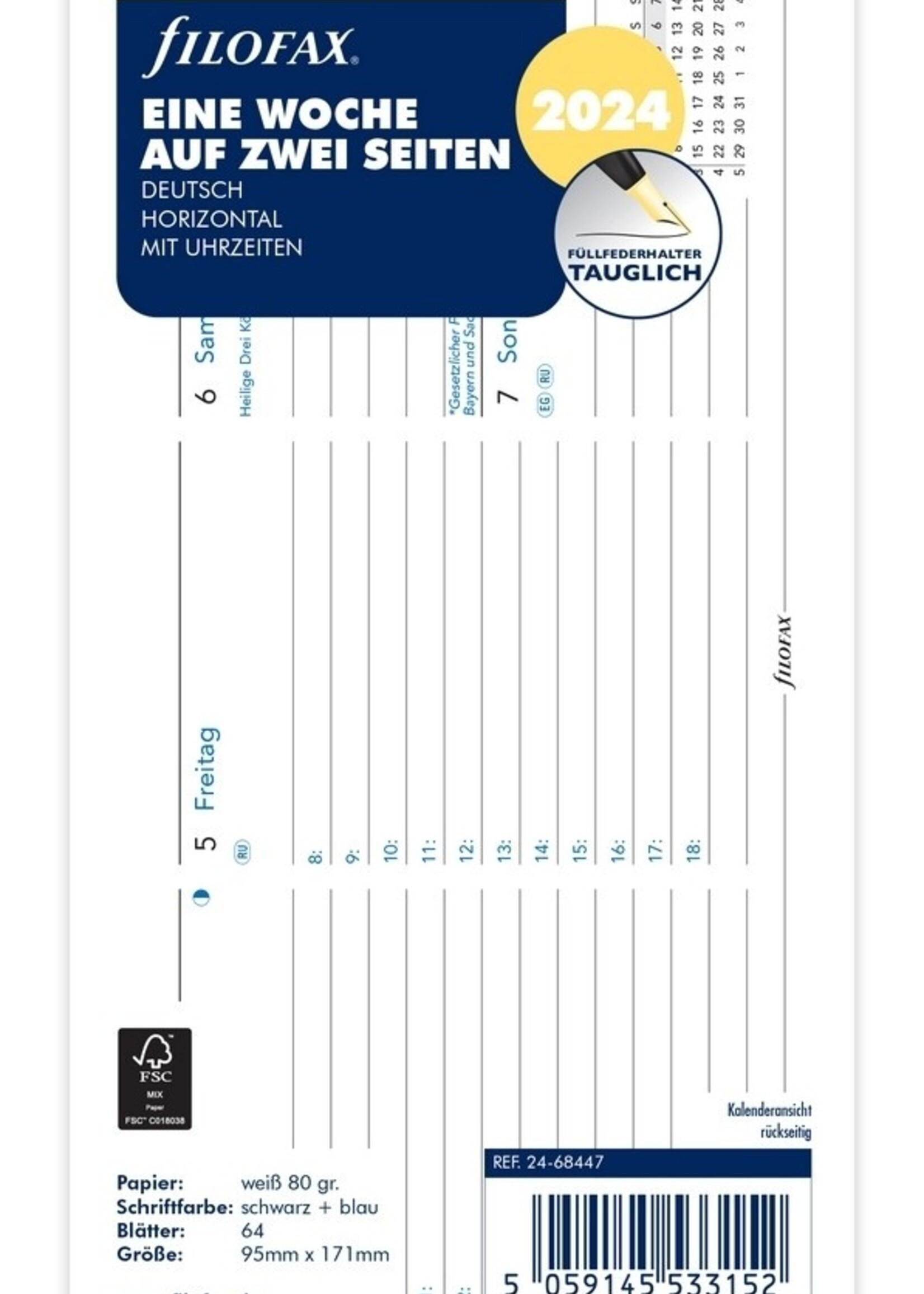 Filofax Filofax Personal Kalendereinlage 2024 1 Woche auf 2 Seiten Horizontal Weiß Deutsch