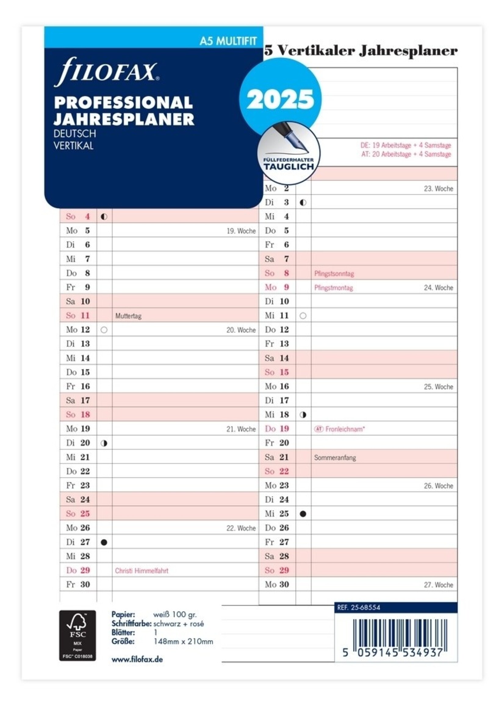 Filofax A5 Kalendereinlage 2025 Jahresplan Leporello Professional