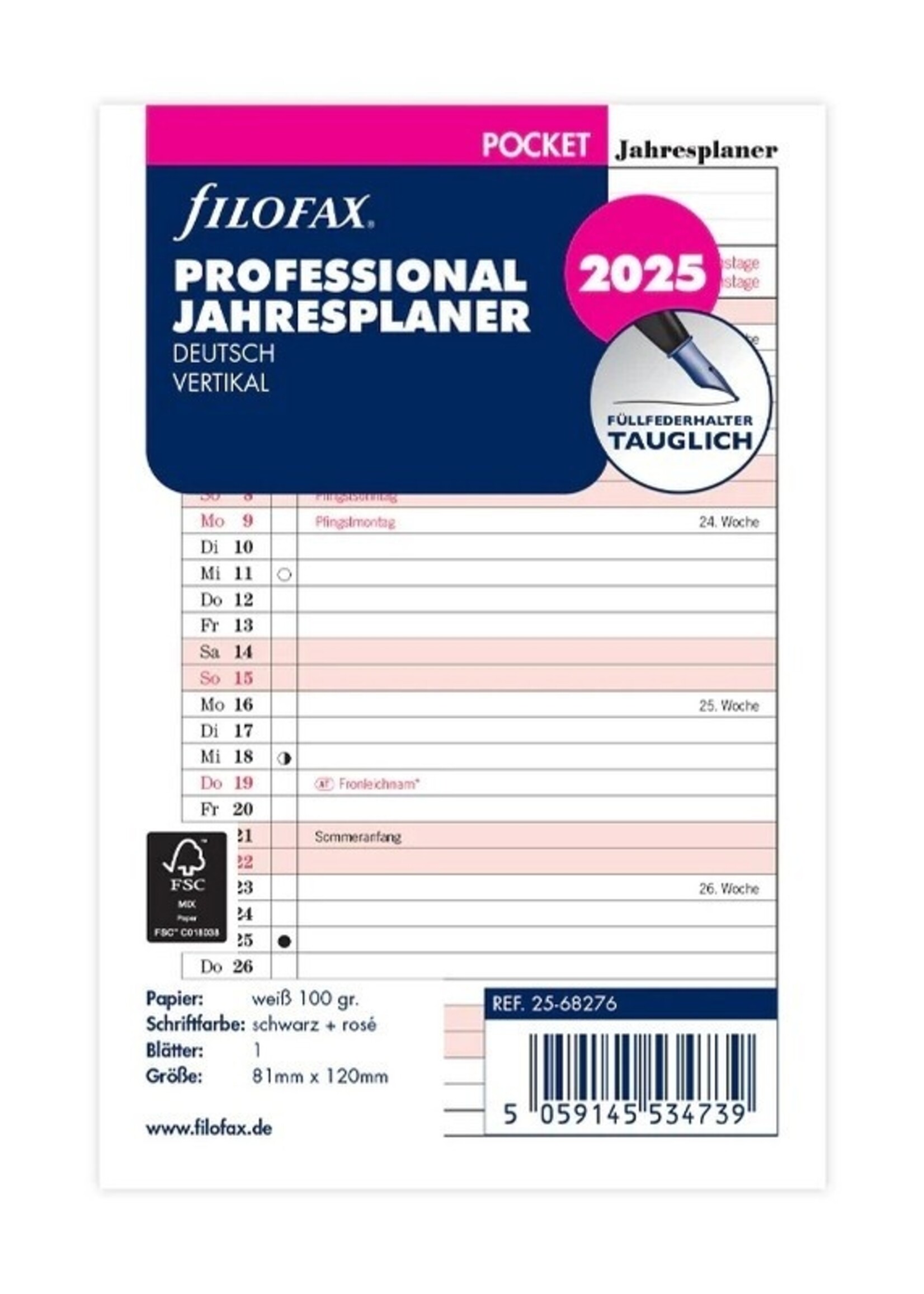Filofax Pocket Kalendereinlage 2025 Jahresplan Leporello Professional