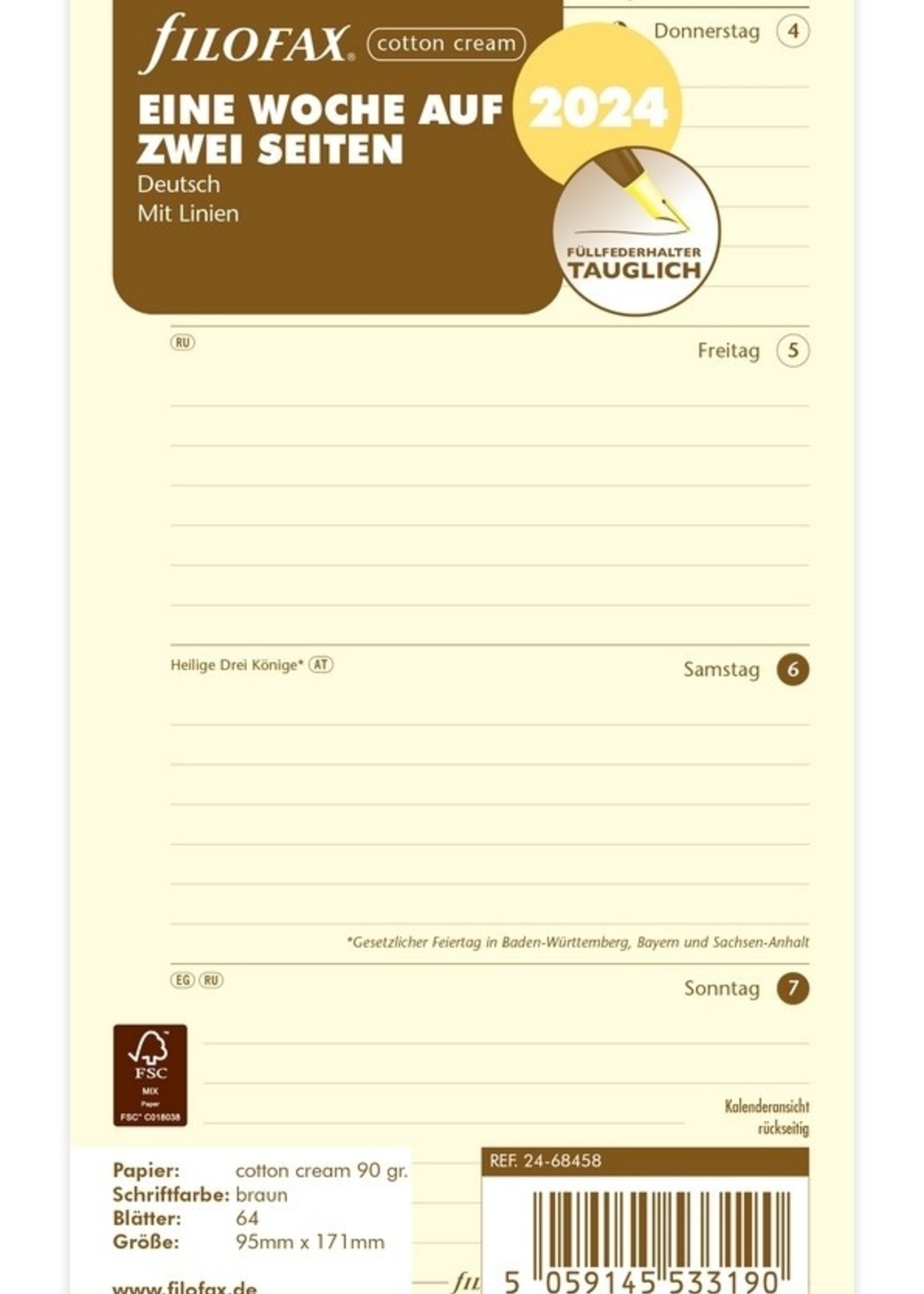 Filofax Personal Kalendereinlage 2024 1 Woche auf 2 Seiten Cotton Cream Deutsch