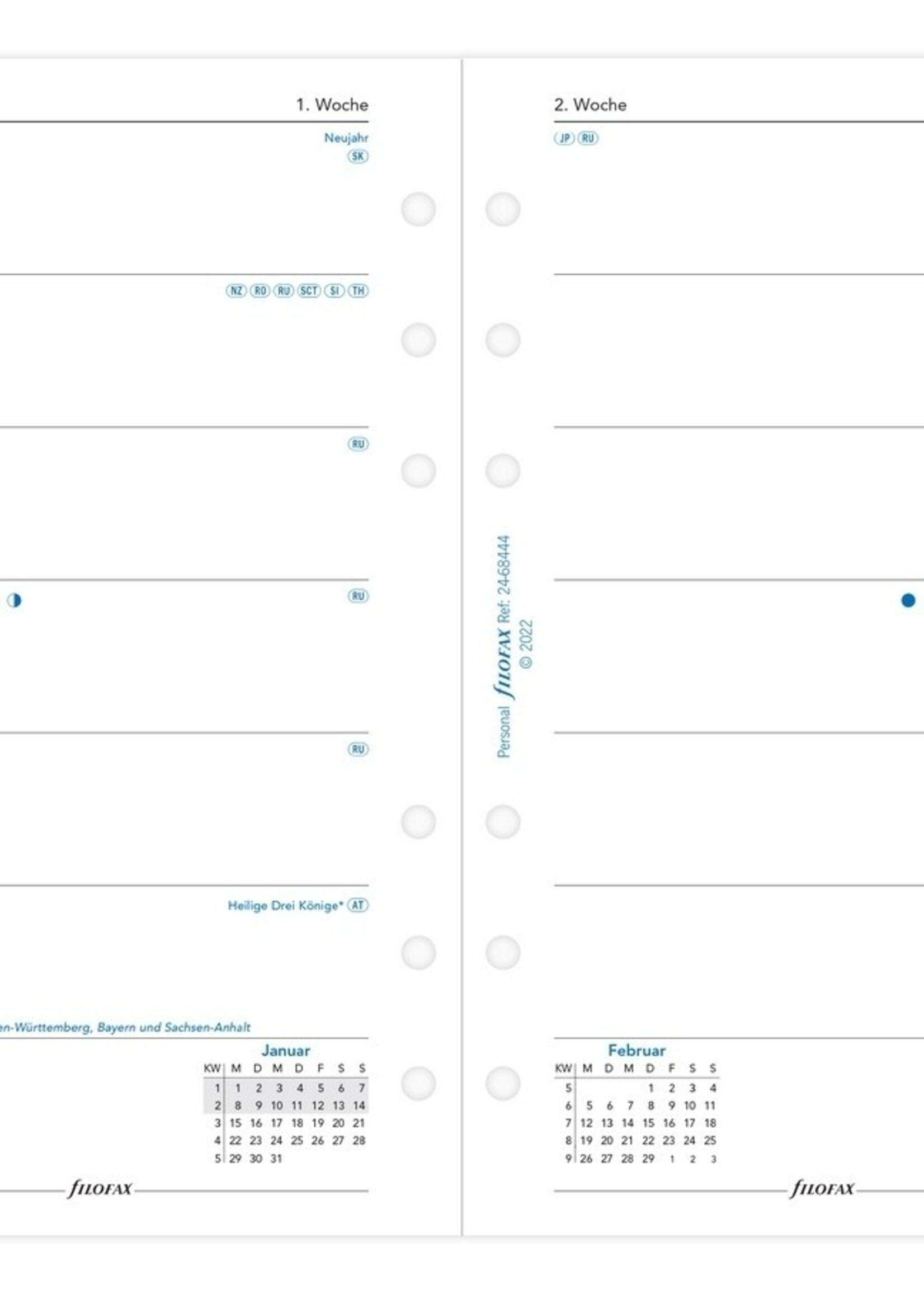 Filofax Personal Kalendereinlage 2024 1 Woche auf 1 Seite Weiß Deutsch