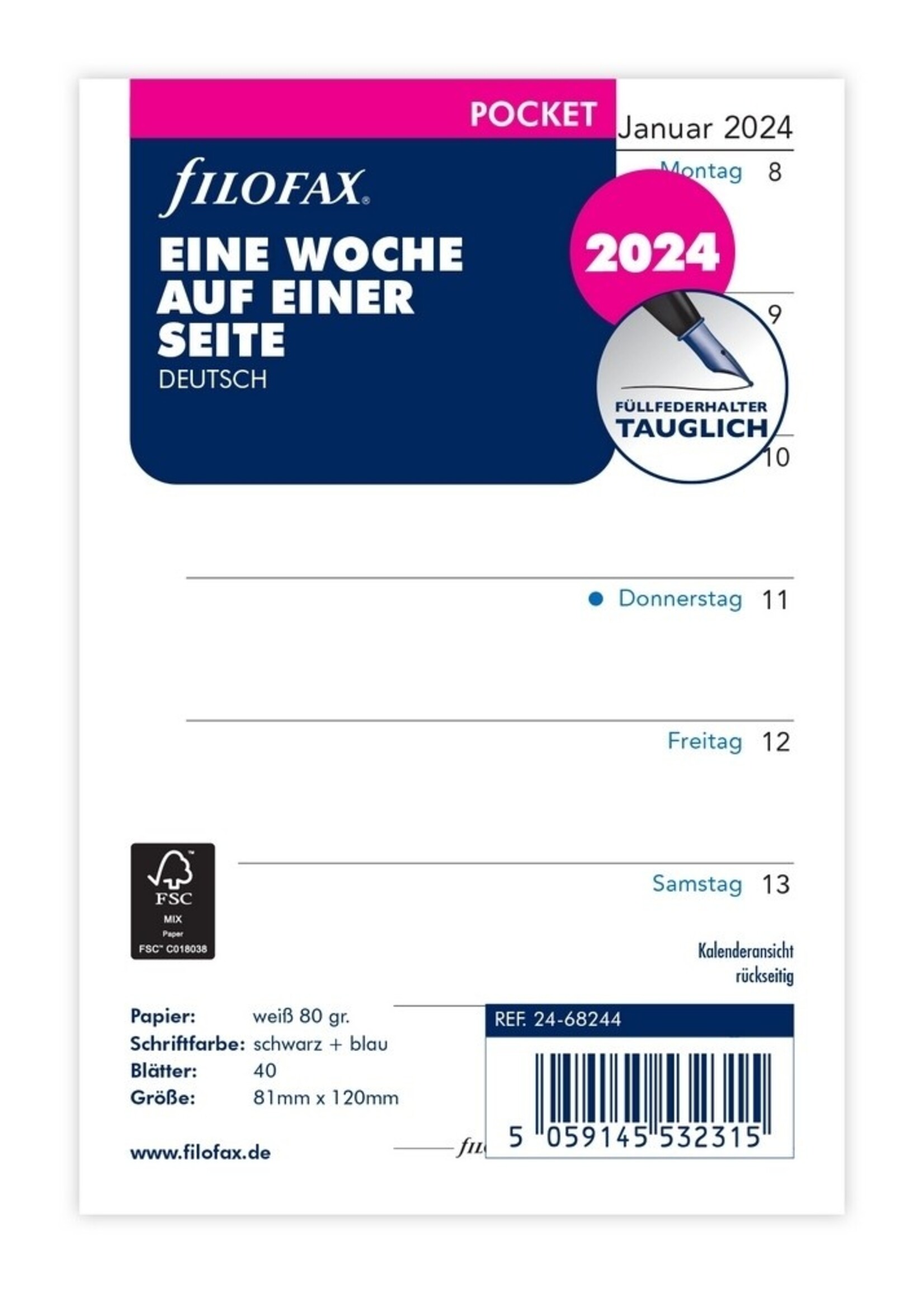 Filofax Pocket Kalendereinlage 2024 1 Woche auf 1 Seite Weiß Deutsch