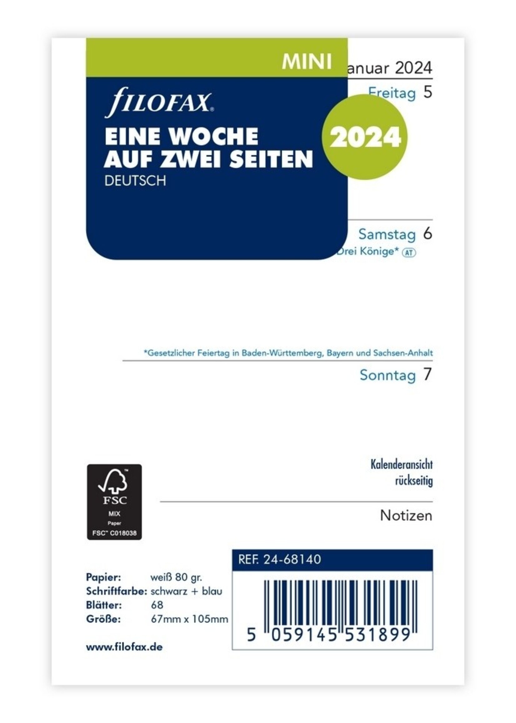 Filofax Mini Kalendereinlage 2024 1 Woche auf 2 Seiten Weiß Deutsch