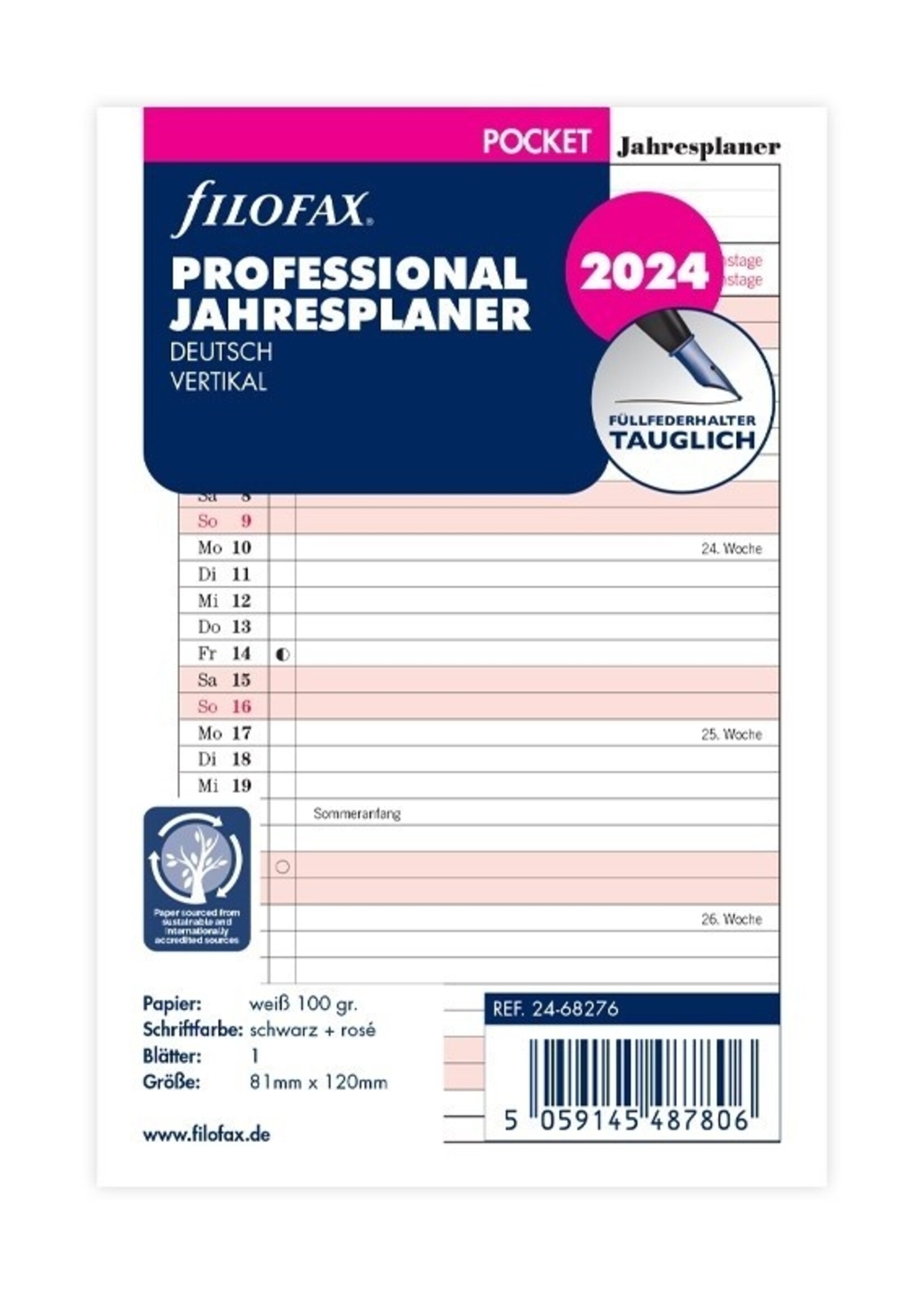 Filofax Pocket Kalendereinlage 2024 Jahresplan Leporello Professional