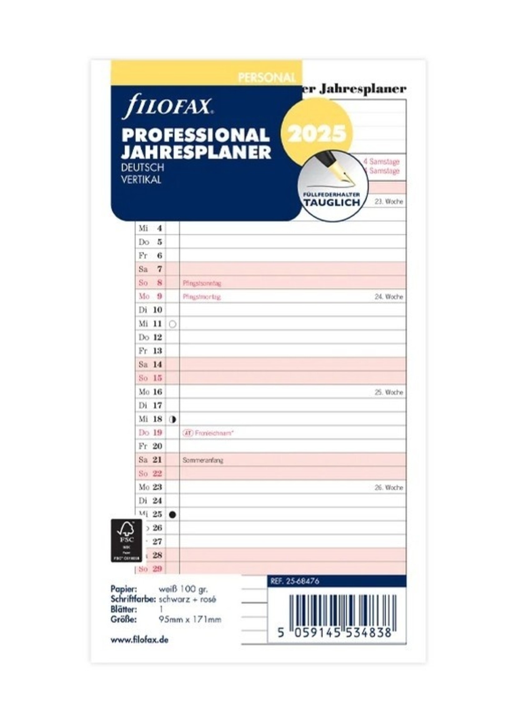 Filofax Personal Kalendereinlage 2025 Jahresplan Leporello Deutsch Professional