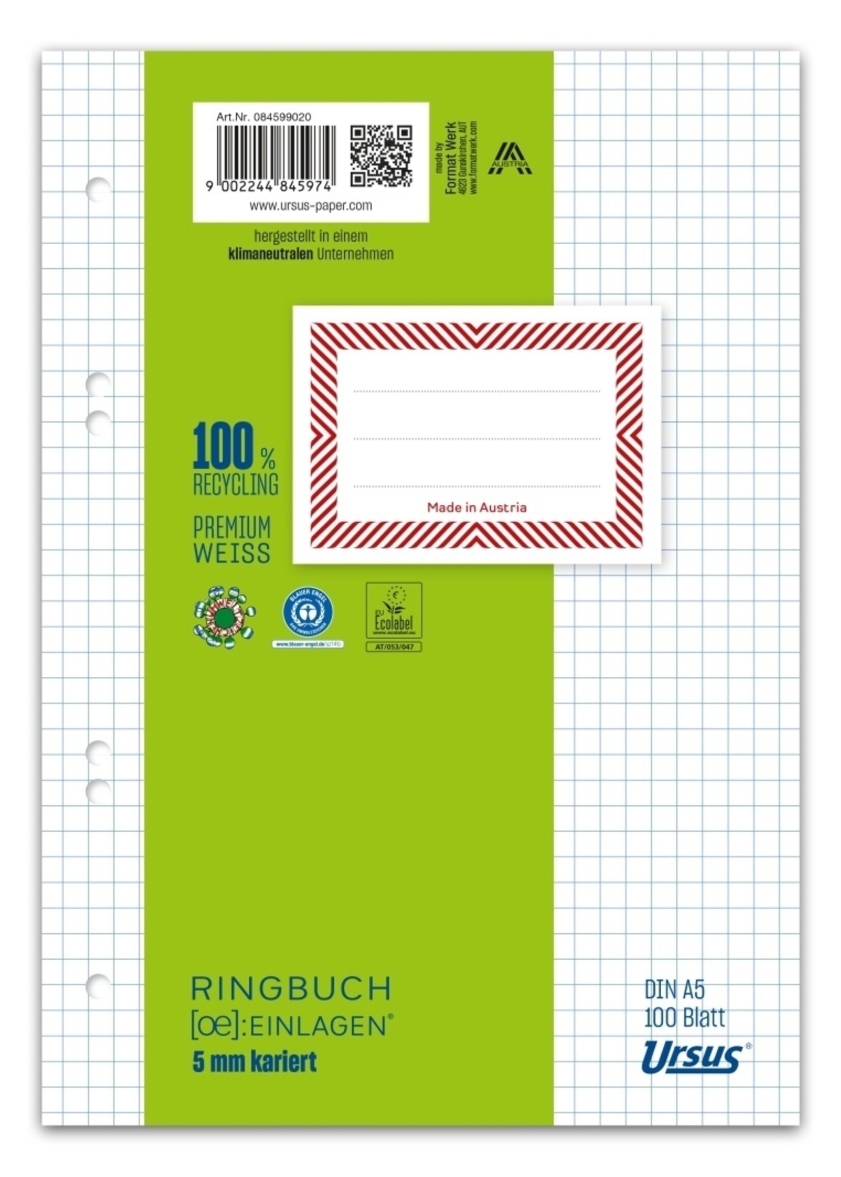 Ursus Ringbucheinlage A5 100 Blatt, kariert