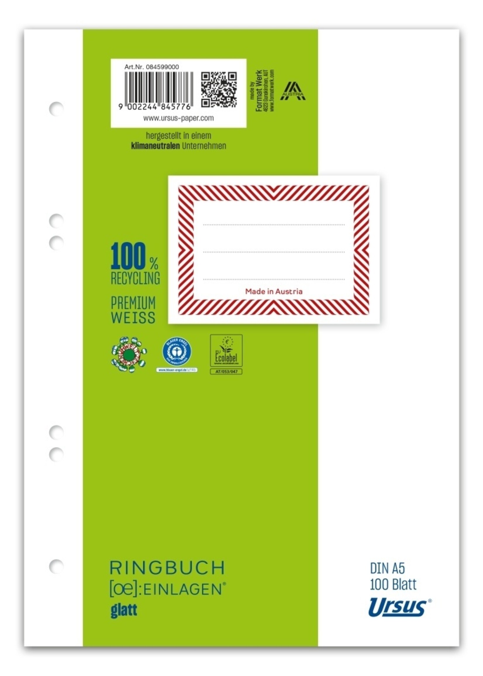 Ursus Ringbucheinlage A5 | 100 Blatt | glatt