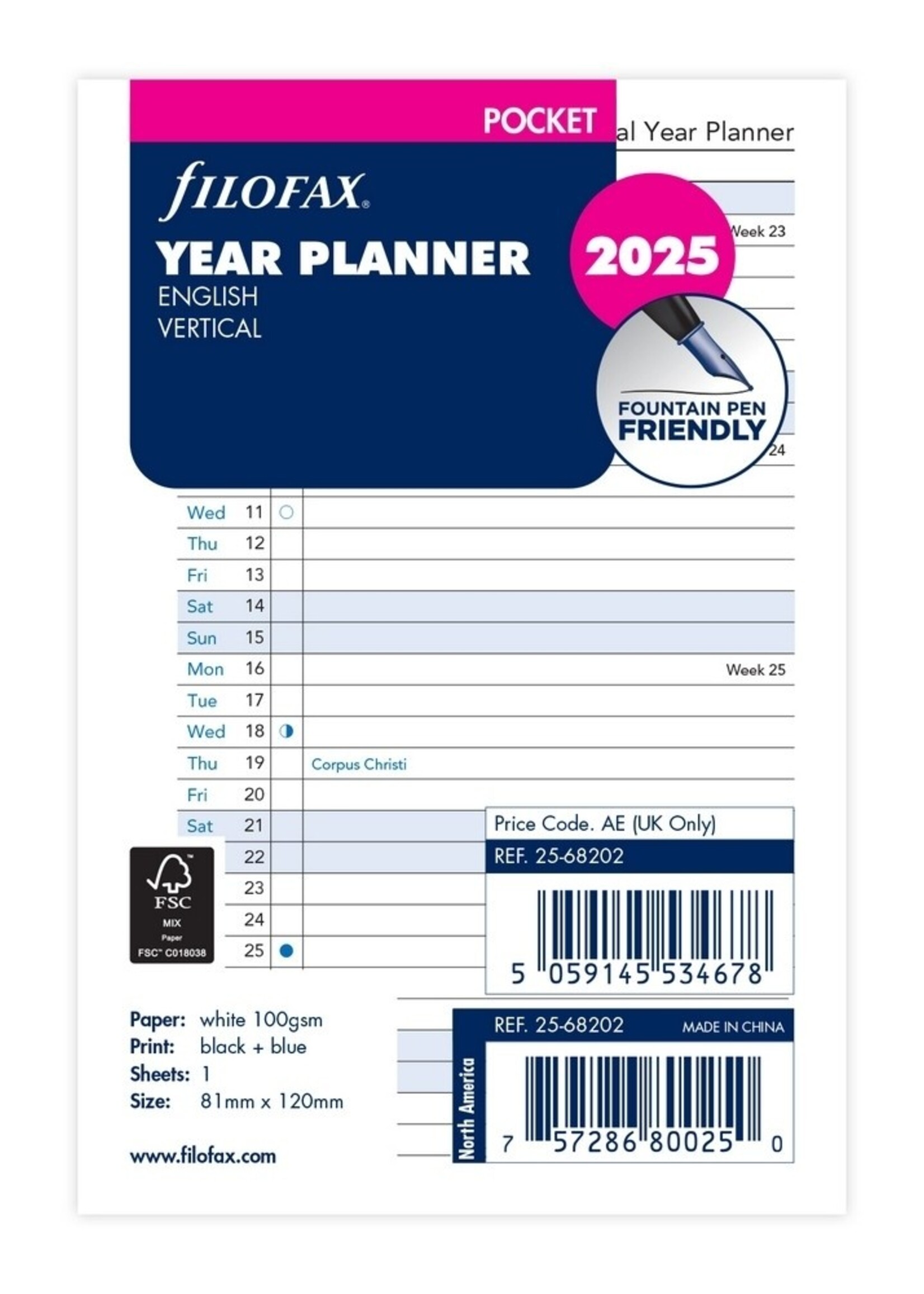 Filofax Pocket Kalendereinlage 2025 Jahresplaner Leporello weiß Englisch