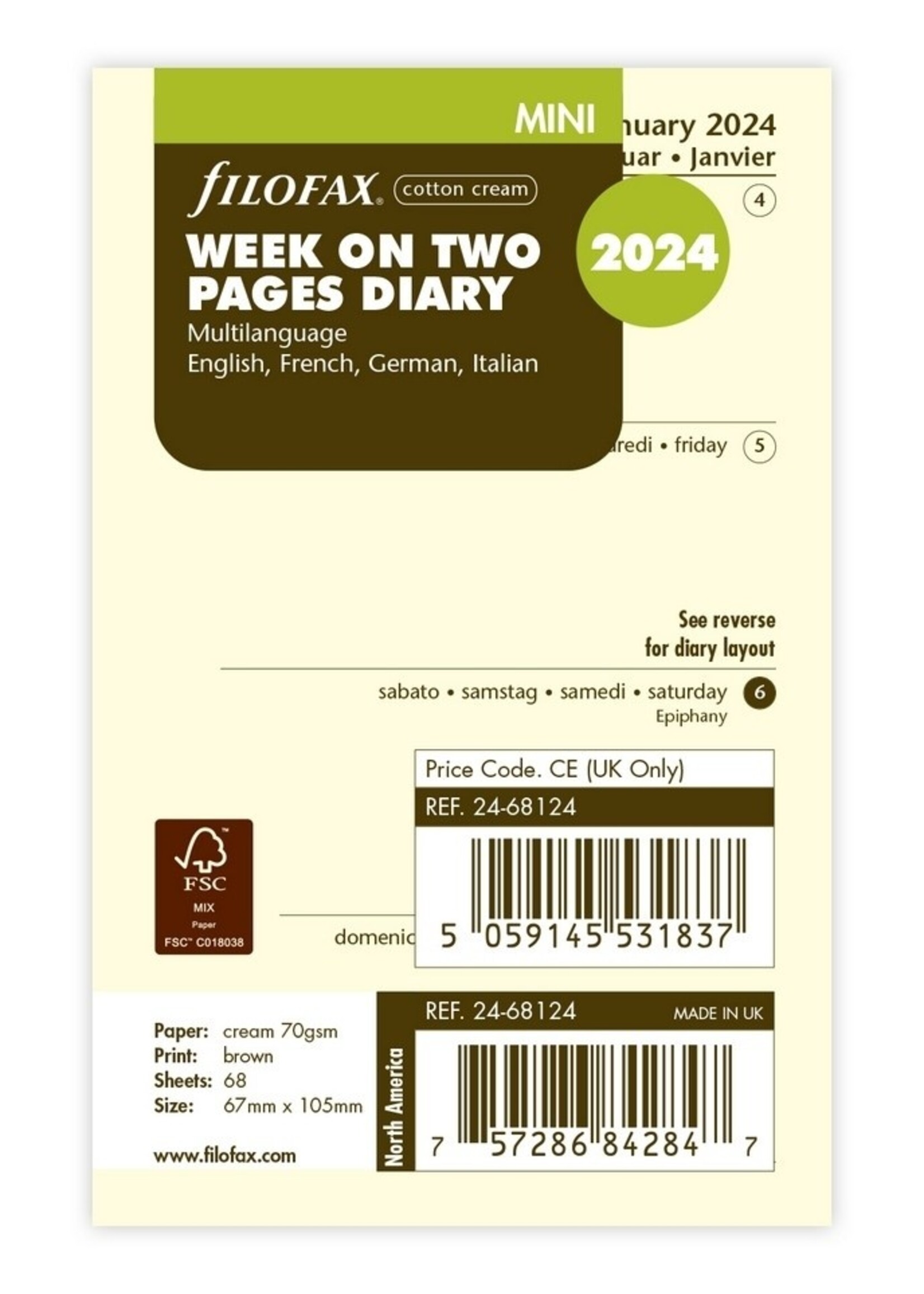 Filofax Mini Kalendereinlage 2024 1 Woche auf 2 Seiten Cotton Cream Mehrsprachig