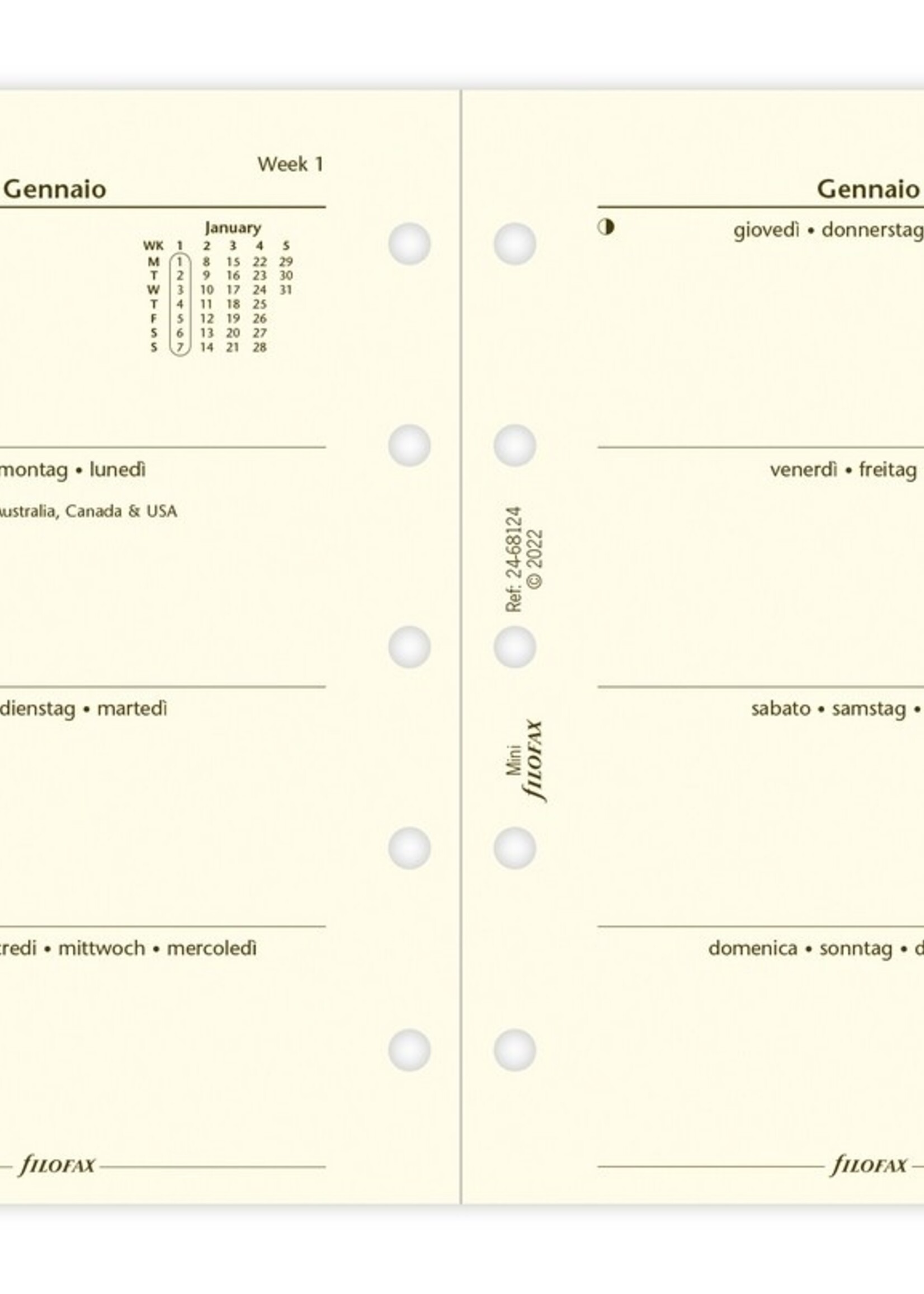 Filofax Mini Kalendereinlage 2024 1 Woche auf 2 Seiten Cotton Cream Mehrsprachig