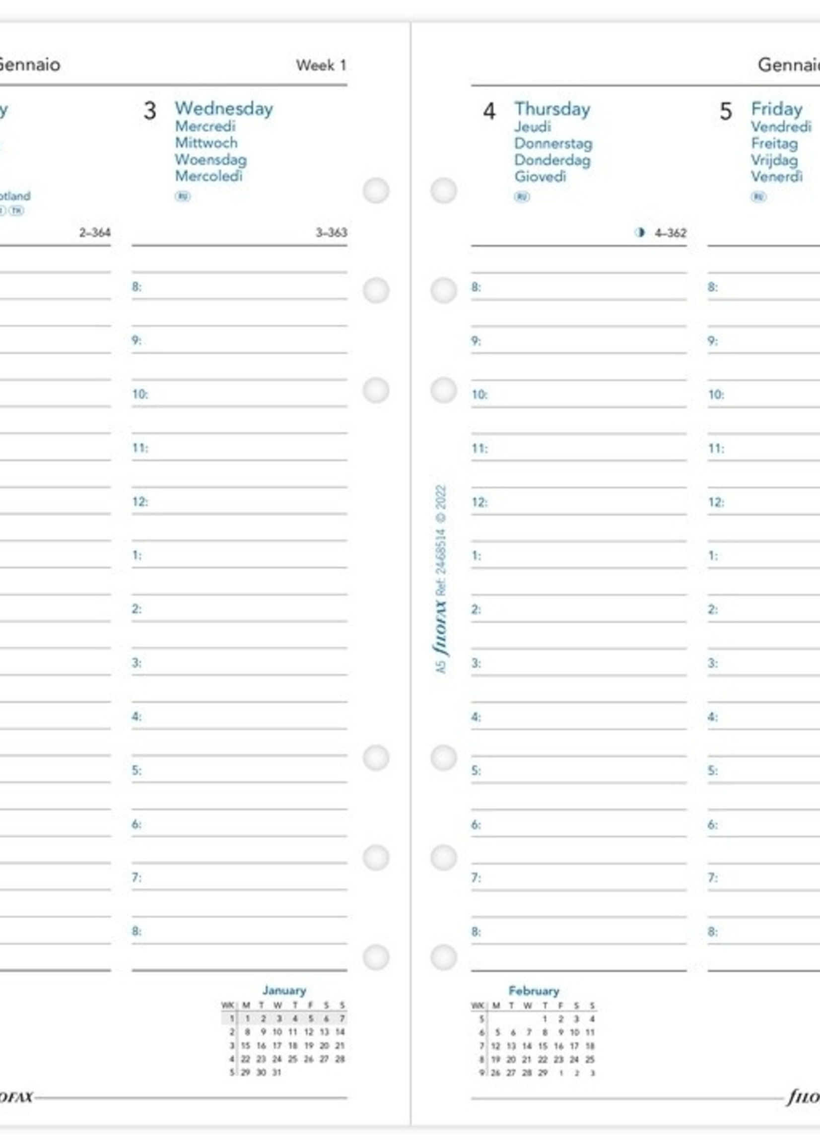 Filofax A5 Kalendereinlage 2024 1 Woche auf 2 Seiten Vertikal Weiß mehrsprachig