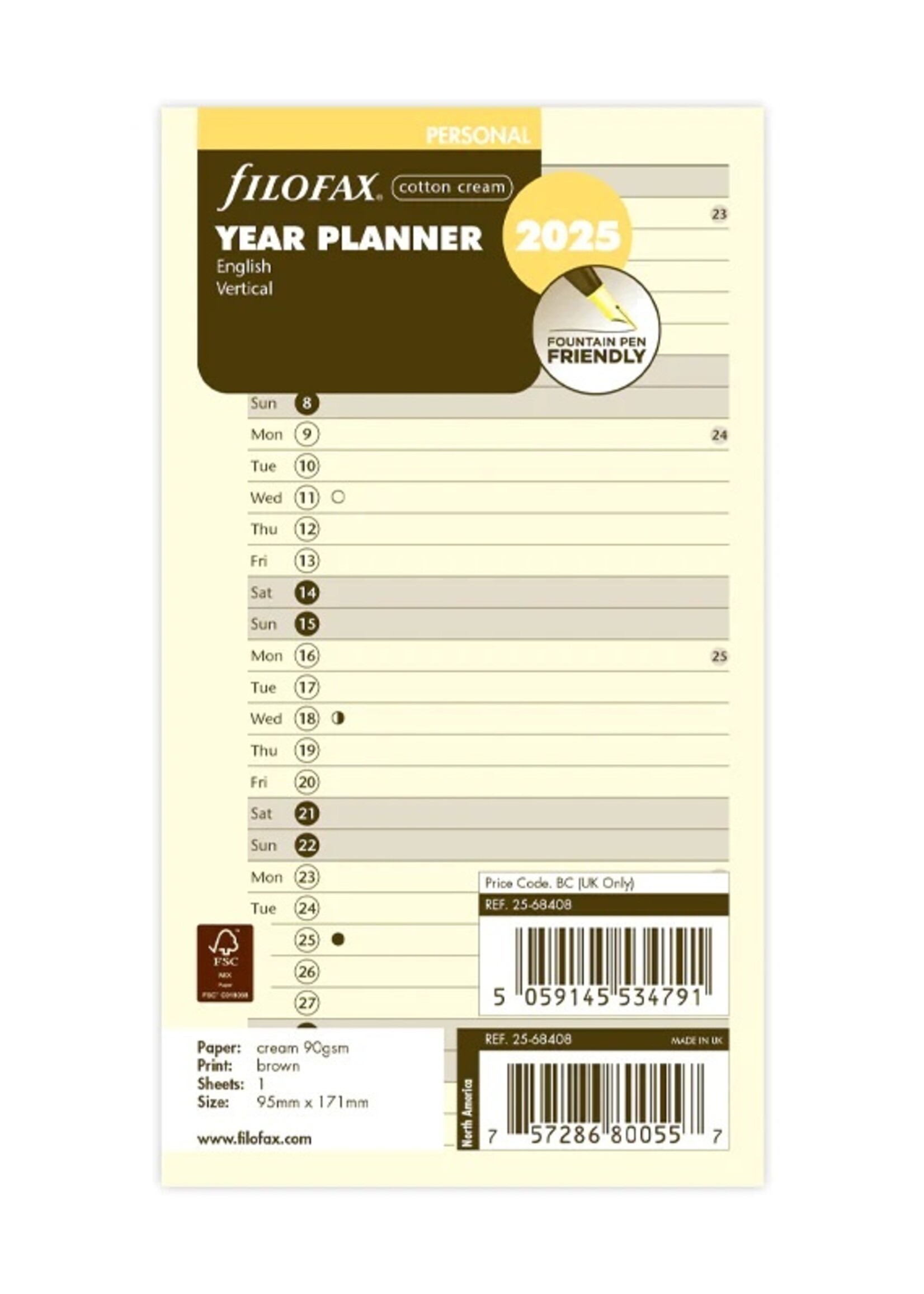 Filofax Kalendereinlage Personal Jahresplaner Englisch-2025 cotton cream