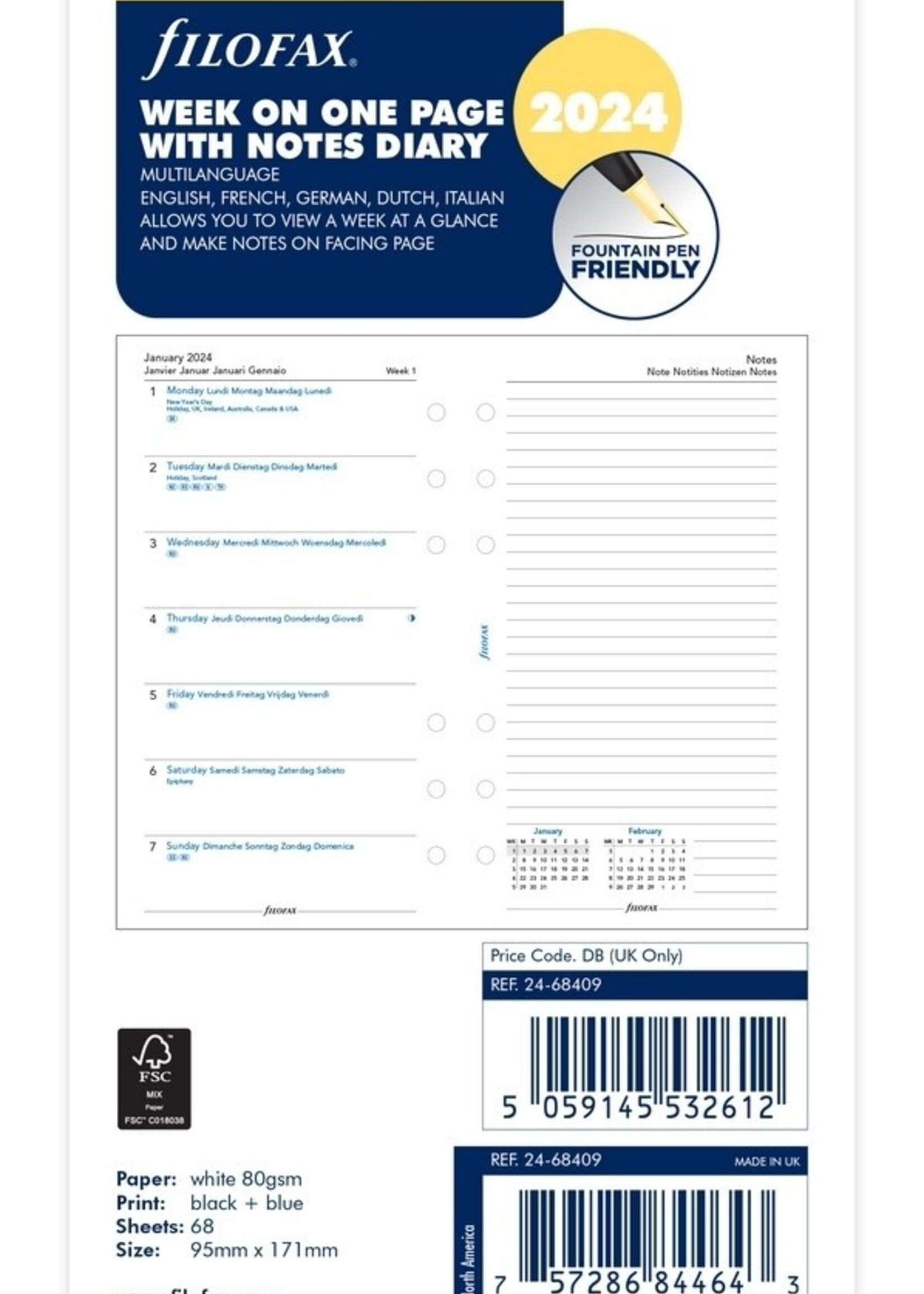 Filofax Personal Kalendereinlage 2024 1 Woche auf 1 Seite + Notizseite Weiß Mehrsprachig