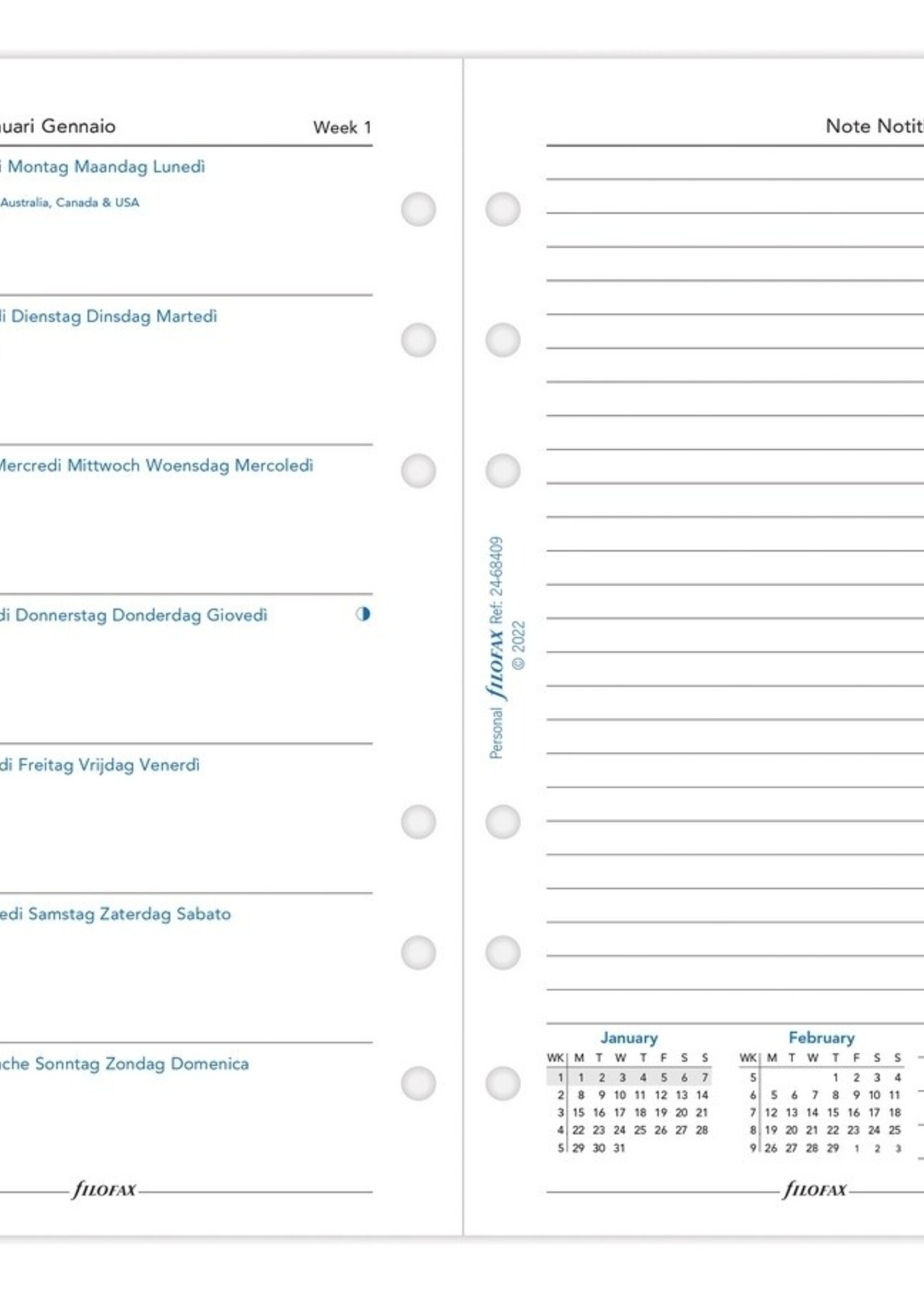 Filofax Personal Kalendereinlage 2024 1 Woche auf 1 Seite + Notizseite Weiß Mehrsprachig
