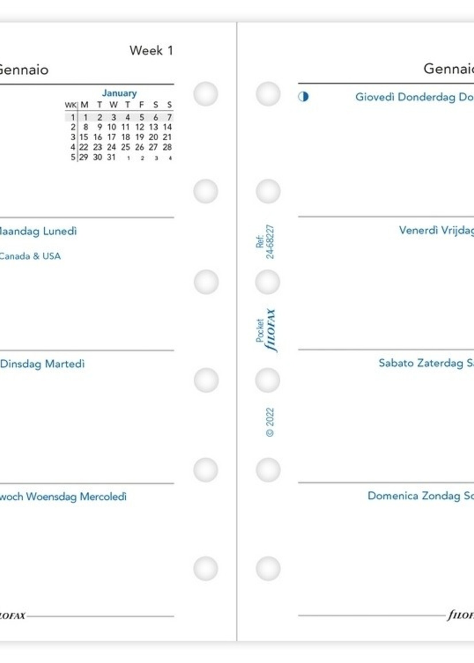 Filofax Pocket Kalendereinlage 2024 1 Woche auf 2 Seiten Weiß mehrsprachig