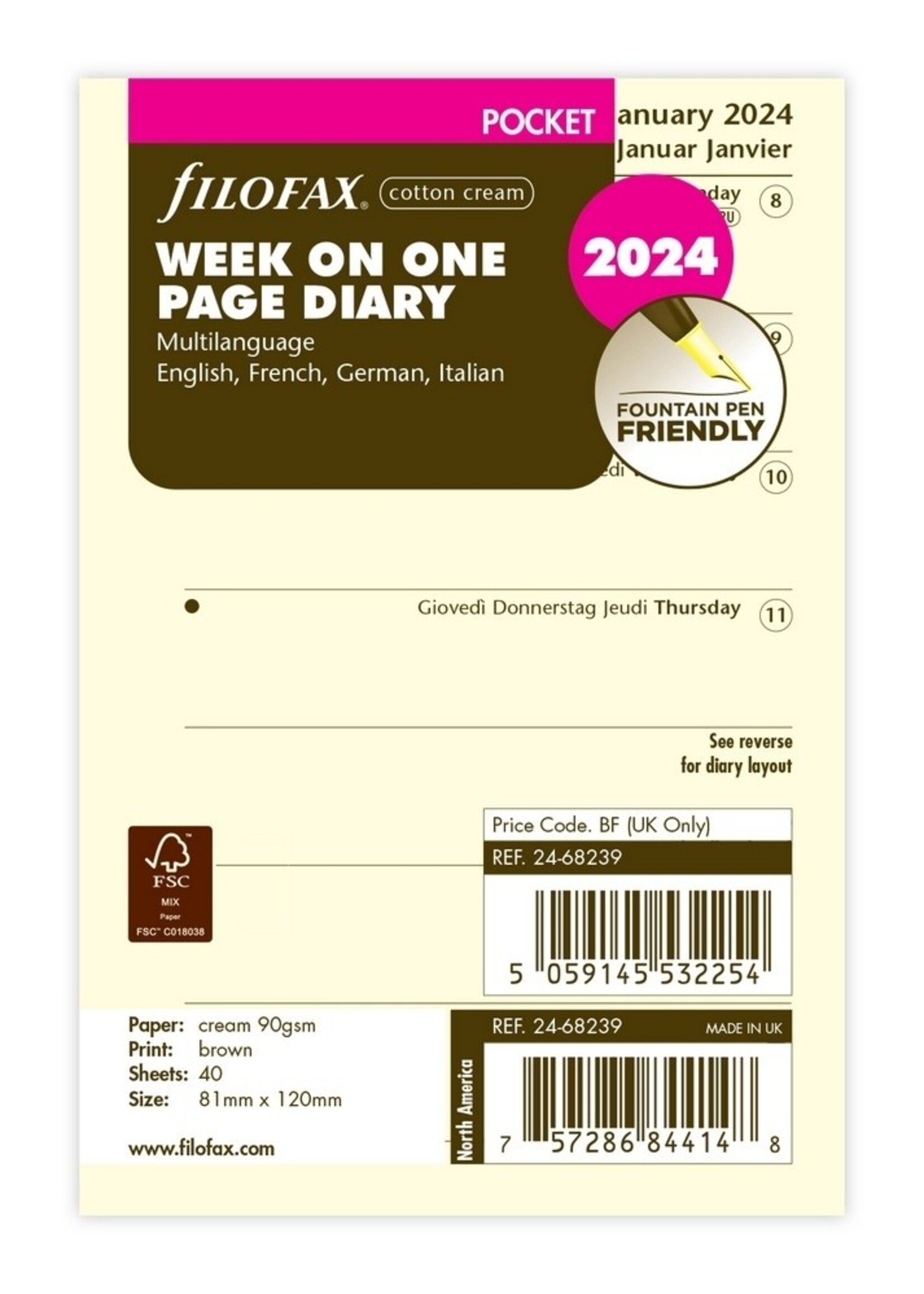 Filofax Pocket Kalendereinlage 2024 | 1 Woche auf 1 Seite Cotton Cream mehrsprachig
