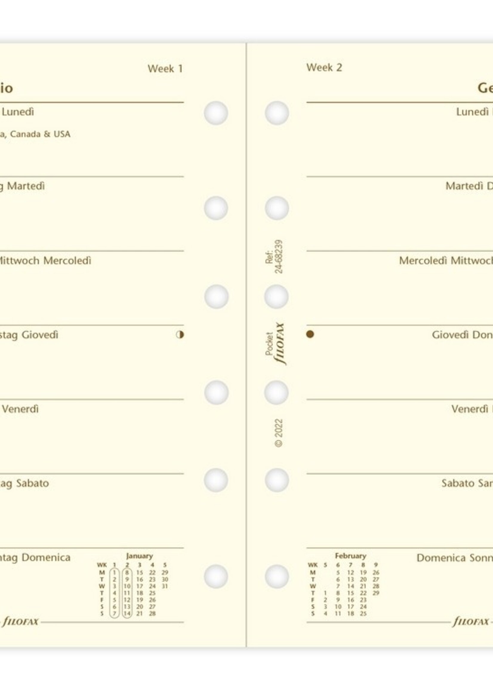 Filofax Pocket Kalendereinlage 2024 | 1 Woche auf 1 Seite Cotton Cream mehrsprachig