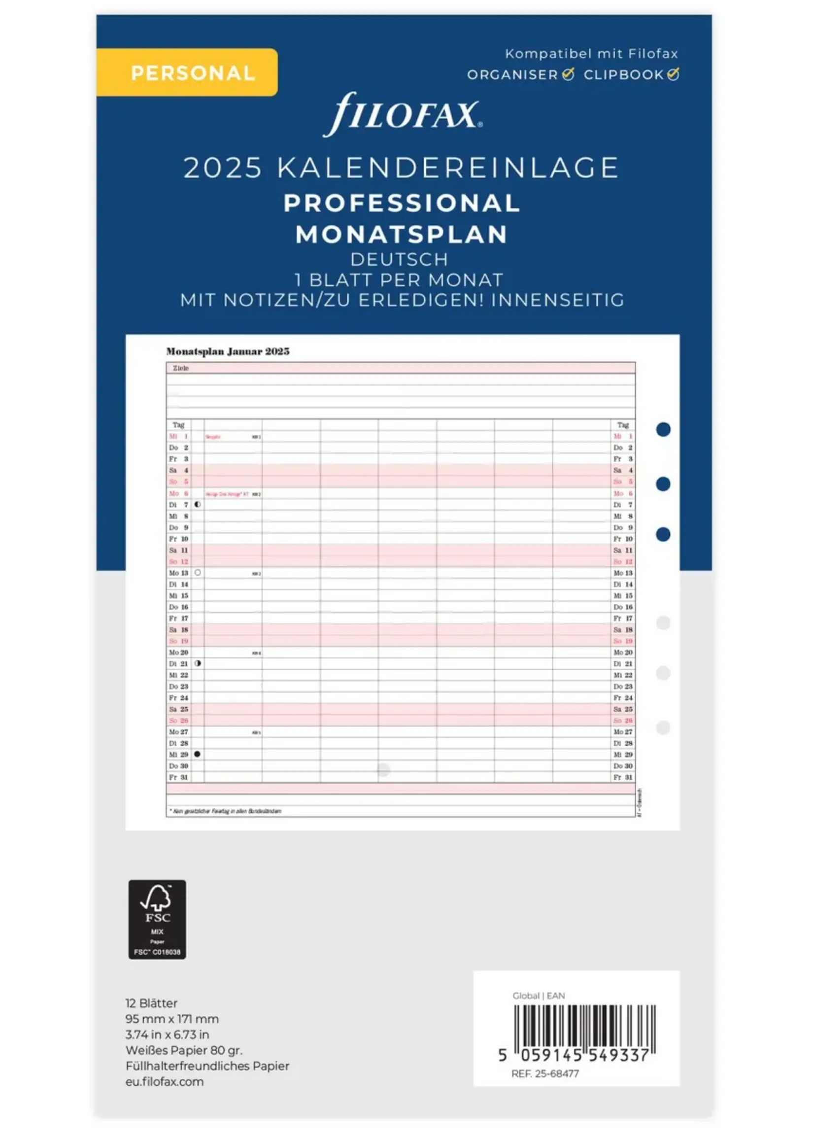Filofax Filofax 25-68477 Personal Monatsplaner Professional 2025