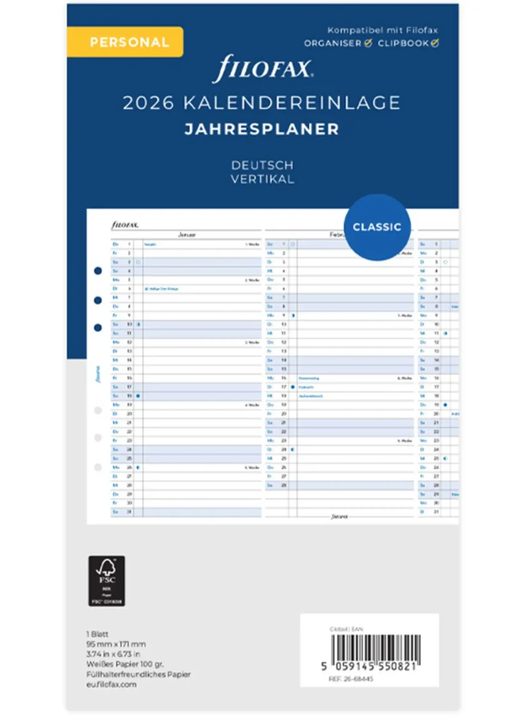 Filofax FILOFAX Kalendereinlage 2026 Personal Jahresplaner weiss deutsch