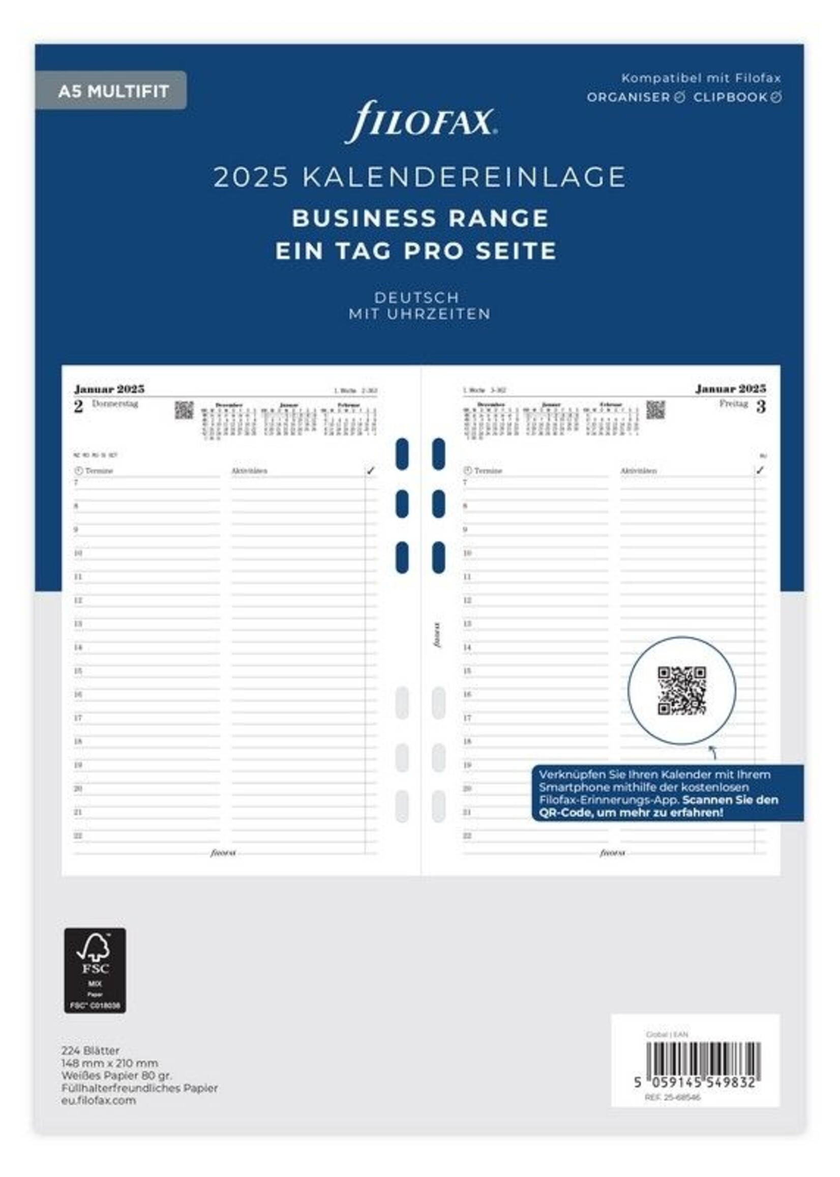 Filofax Filofax A5 Kalendereinlage 2025 1 Tag auf 1 Seite deutsch Multifit-Lochung