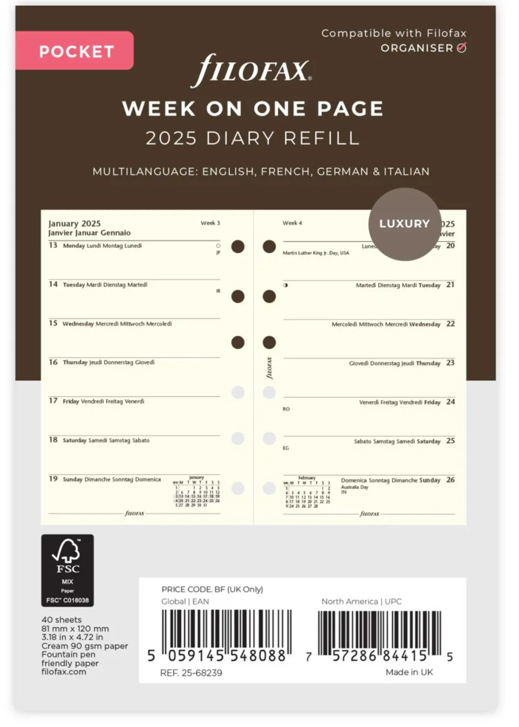 Filofax PKT 1W/1S cotton cr.(M) 2025