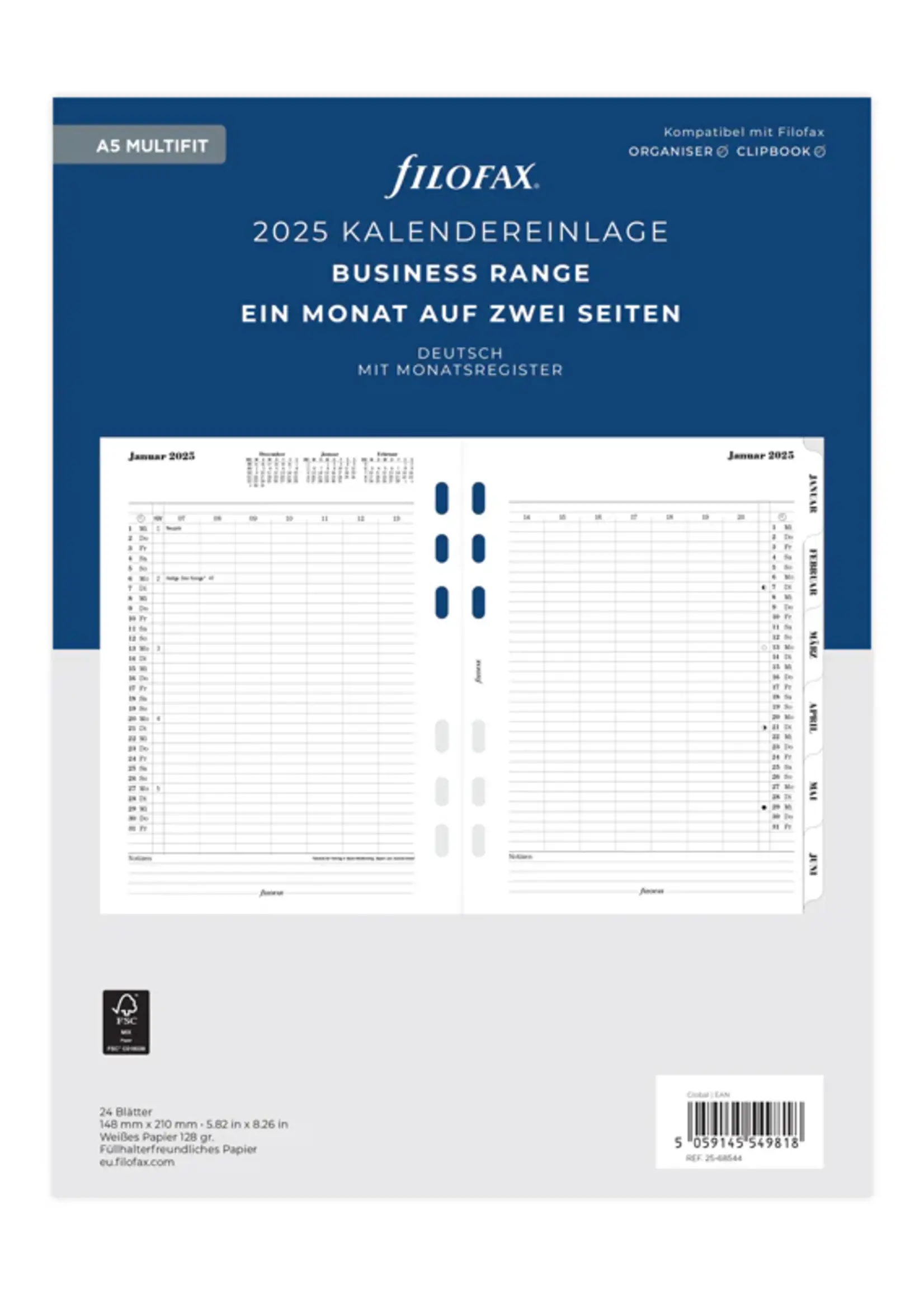 Filofax 1 Monat / 2 Seiten deutsch A5 2025