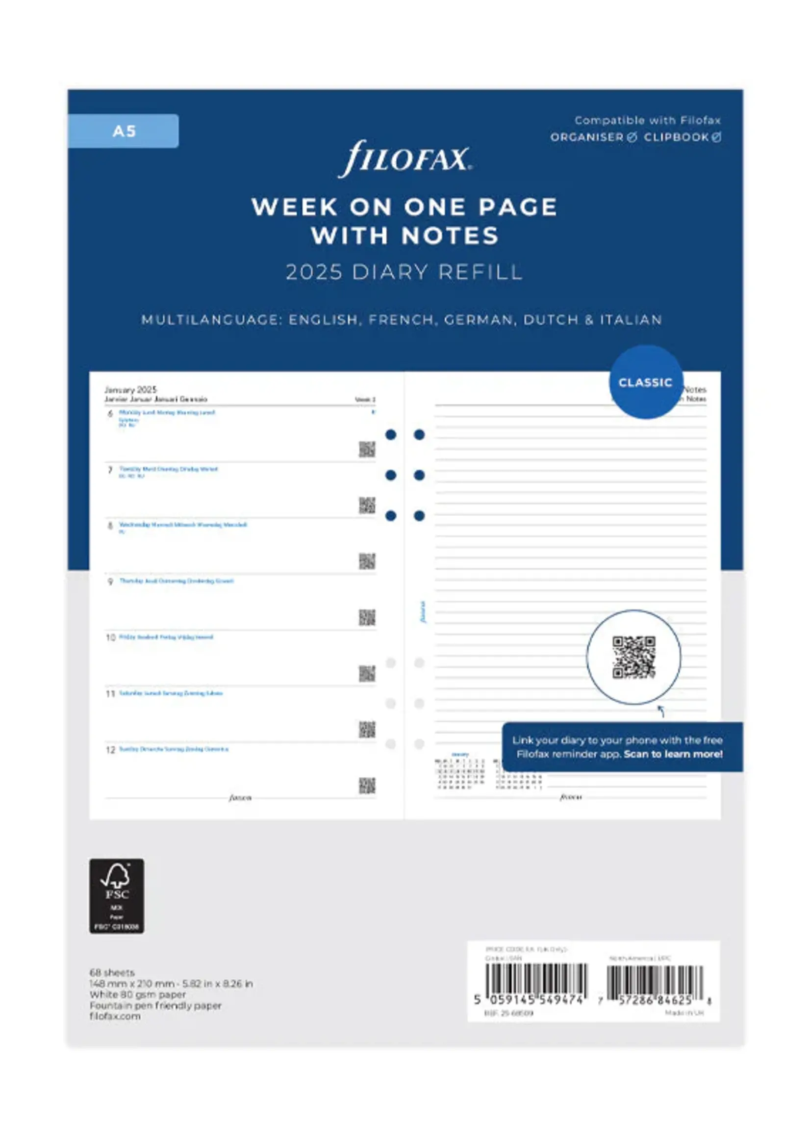Filofax 1 Woche / 1 Seite + 1 Seite Notizen multilingual A5 2025