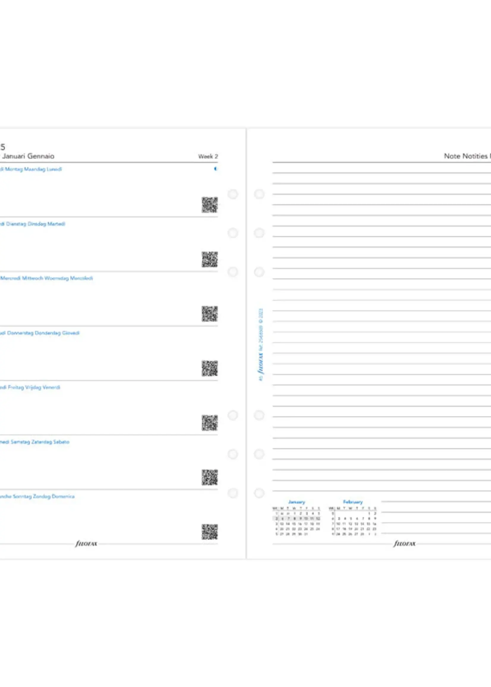 Filofax 1 Woche / 1 Seite + 1 Seite Notizen multilingual A5 2025