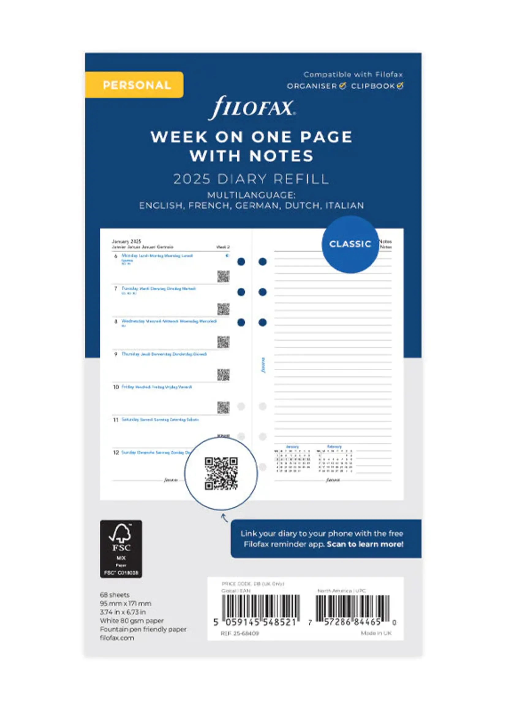 Filofax 1 Woche / 1 Seite + 1 Seite Notizen multilingual Personal 2025