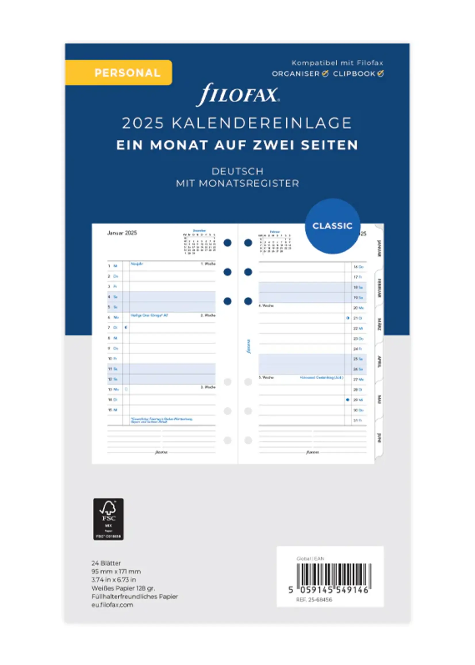 Filofax PER 1Mo./2S. tabbed (D)2025