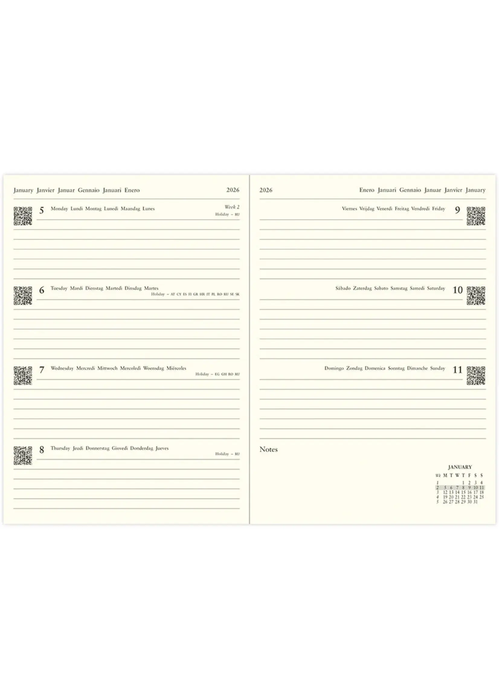 Filofax Lecassa A6+ Week to View Diary 2026 - Multilanguage