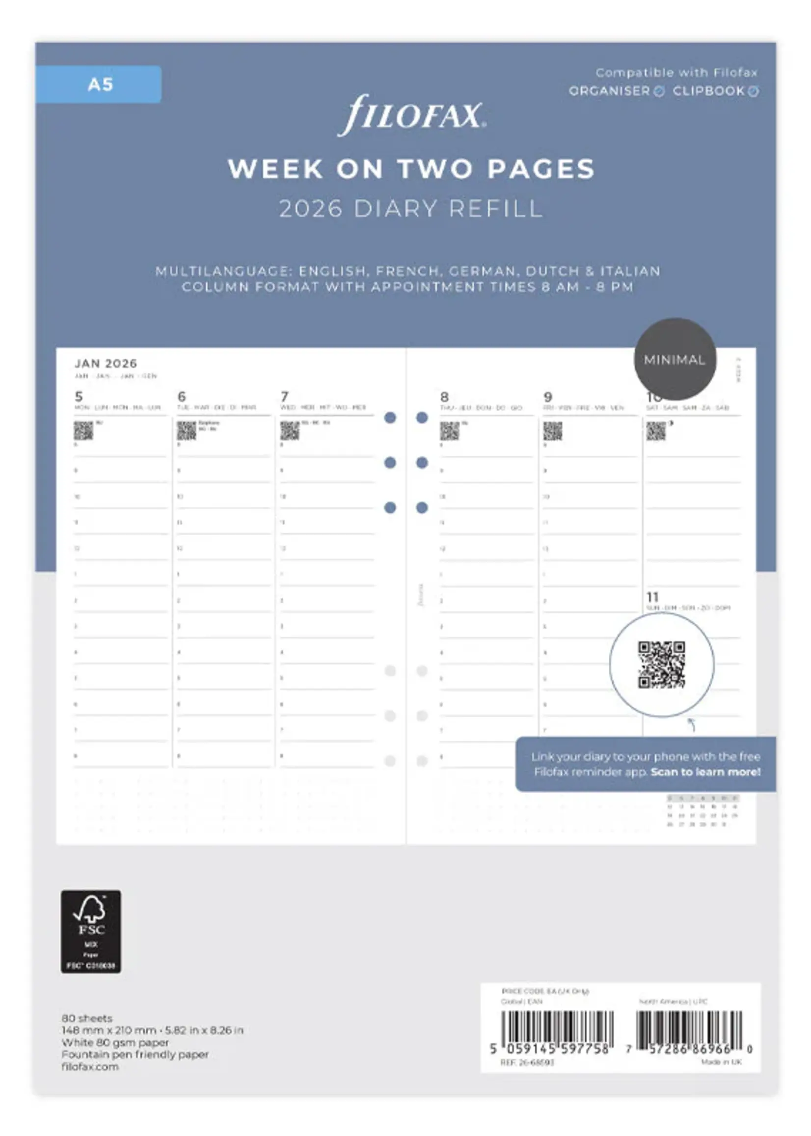 Filofax Minimal Kalender 1 Woche / 2 Seiten vertikal A5 2026