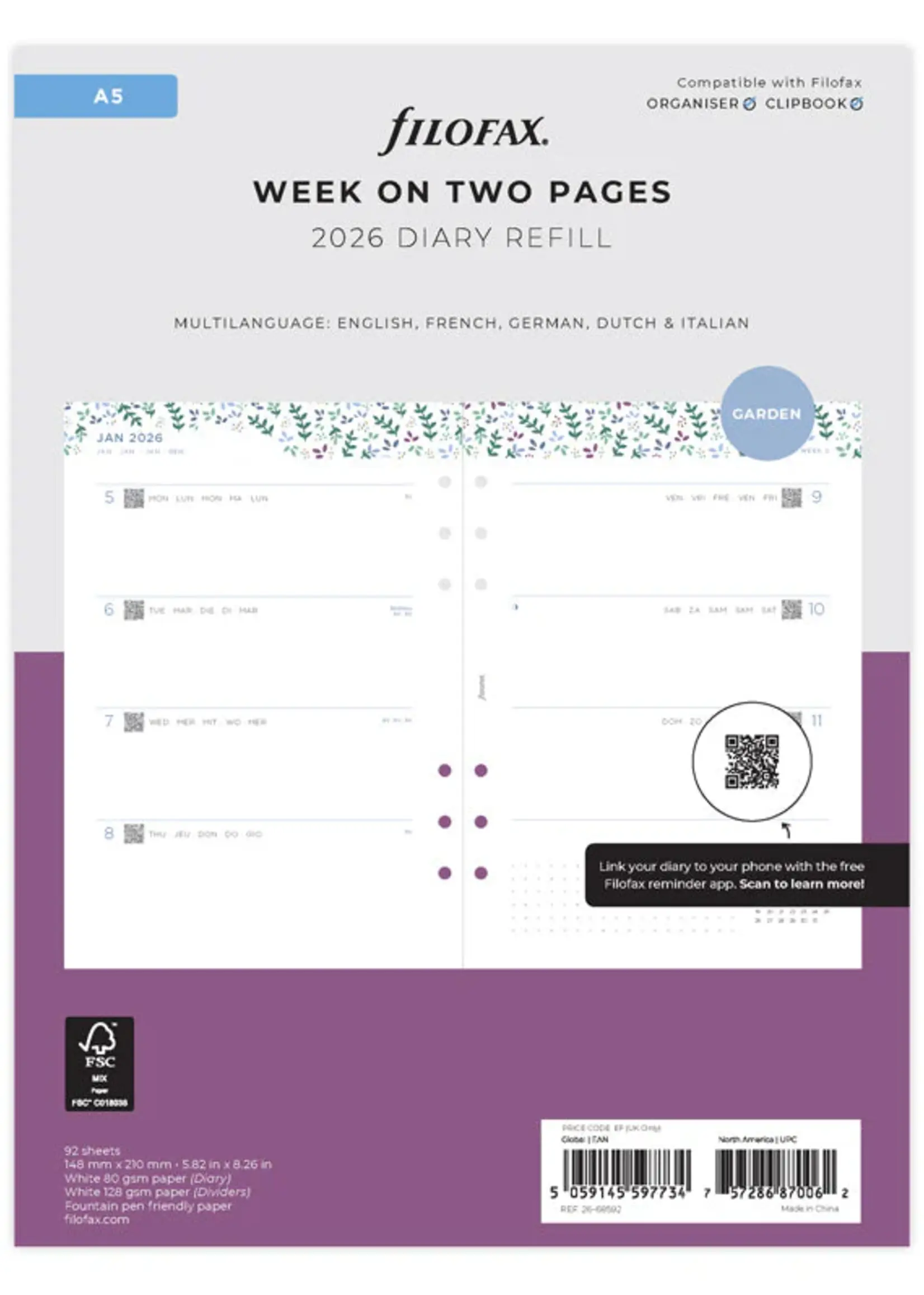 Filofax Garden Kalender 1 Woche / 2 Seiten A5 2026