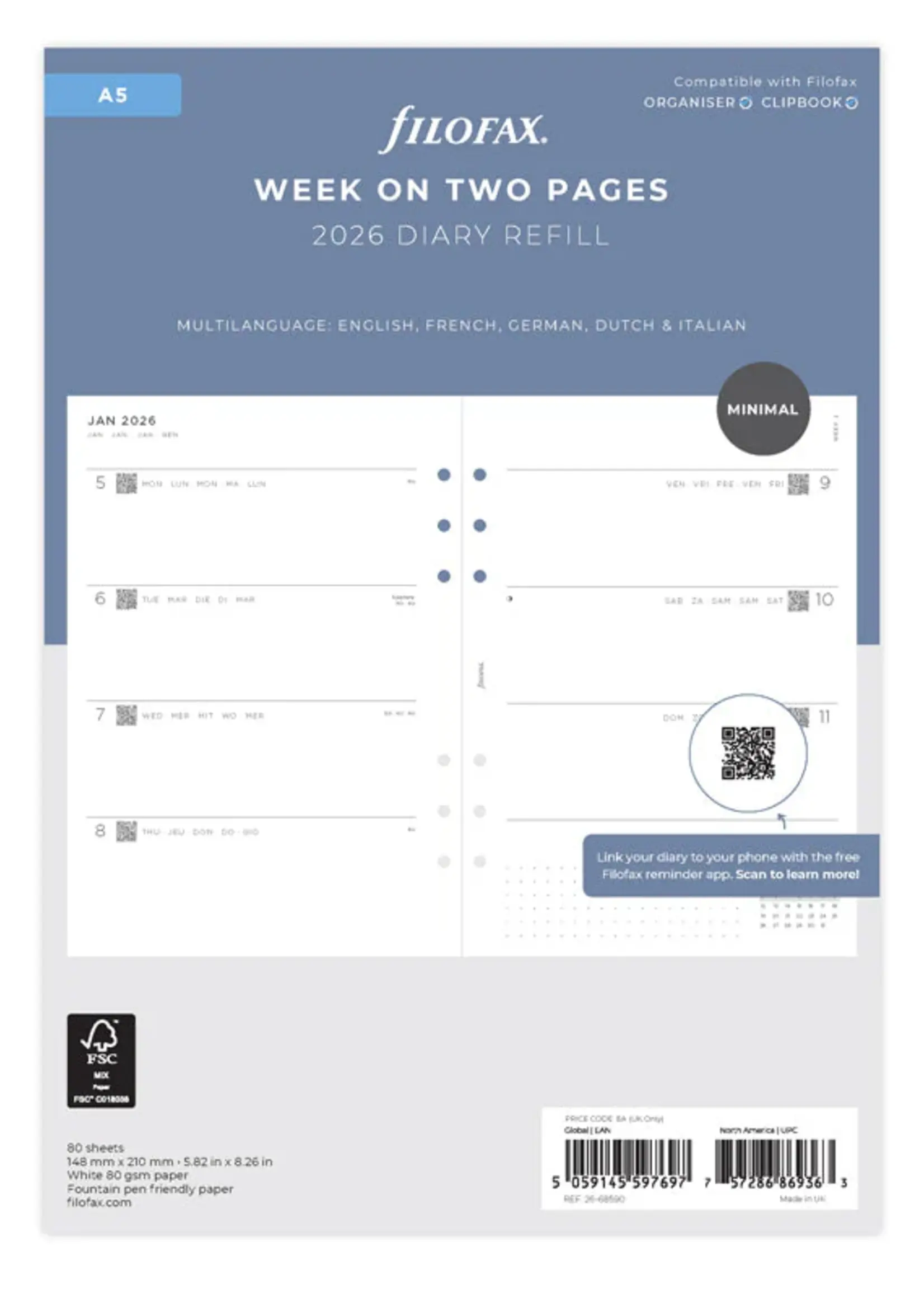 Filofax Minimal Kalender 1 Woche / 2 Seiten A5 2026