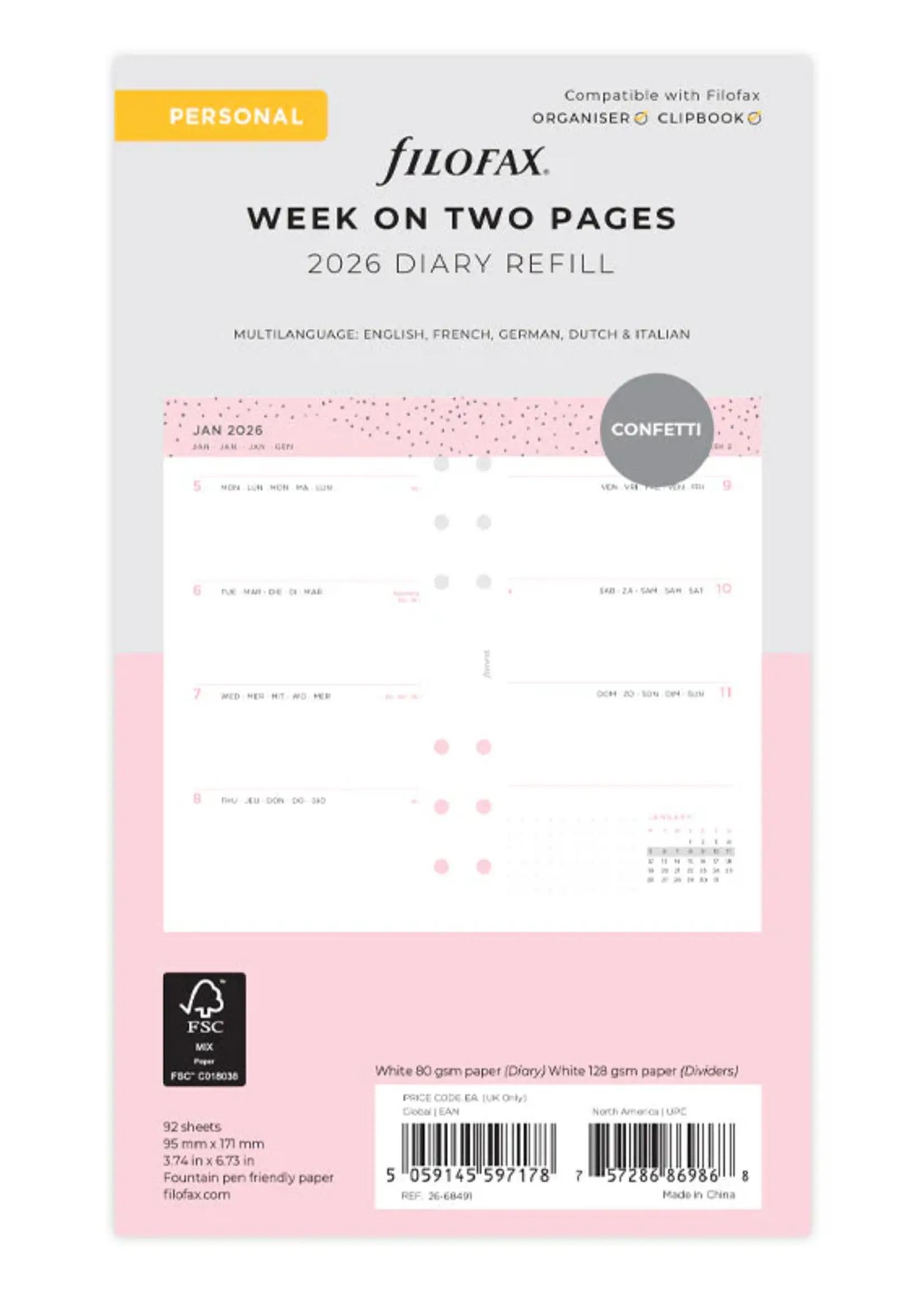 Filofax Confetti Kalender 1 Woche / 2 Seiten Personal 2026