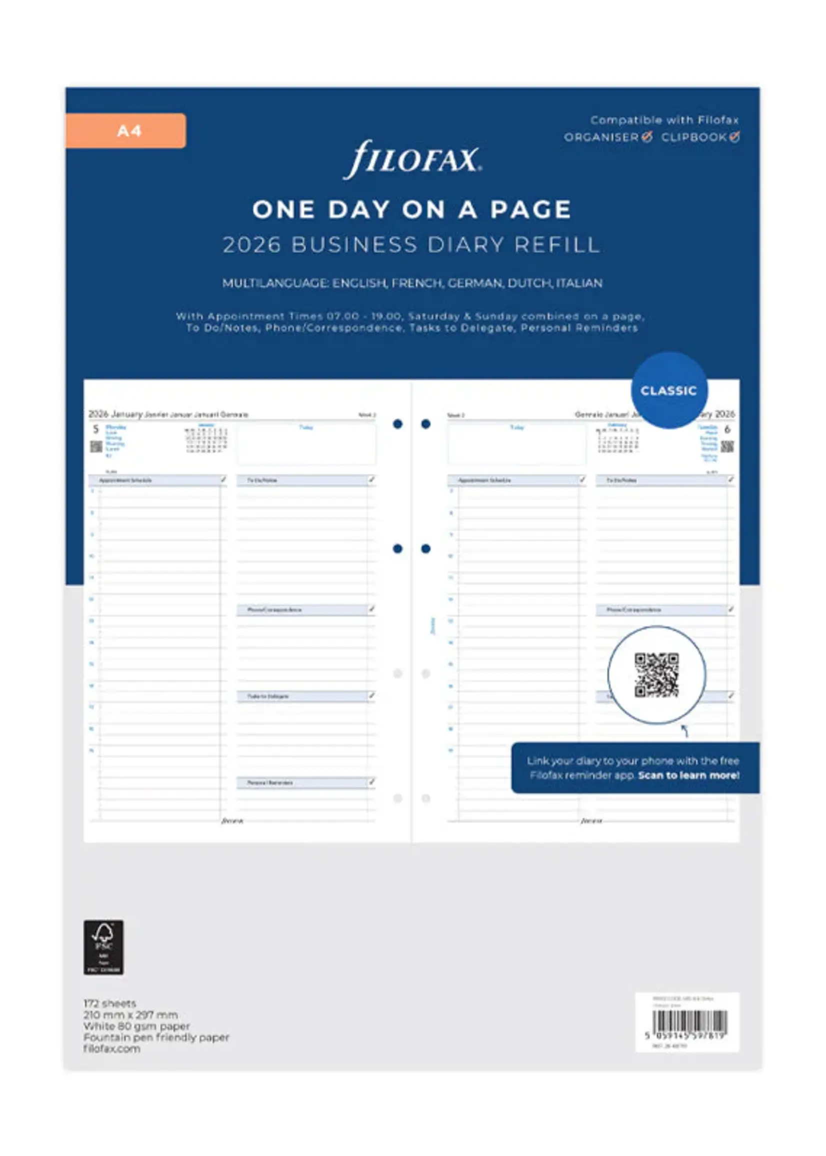 Filofax 1 Tag / 1 Seite multilingual A4 2026