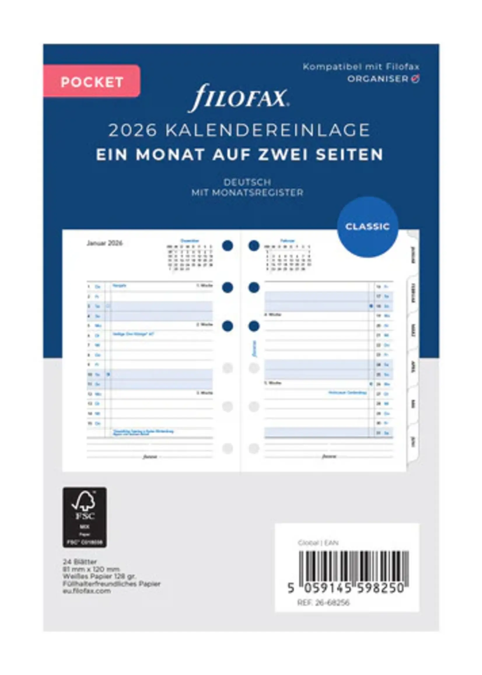 Filofax PKT 1Mo/2S tabbed (D)2026