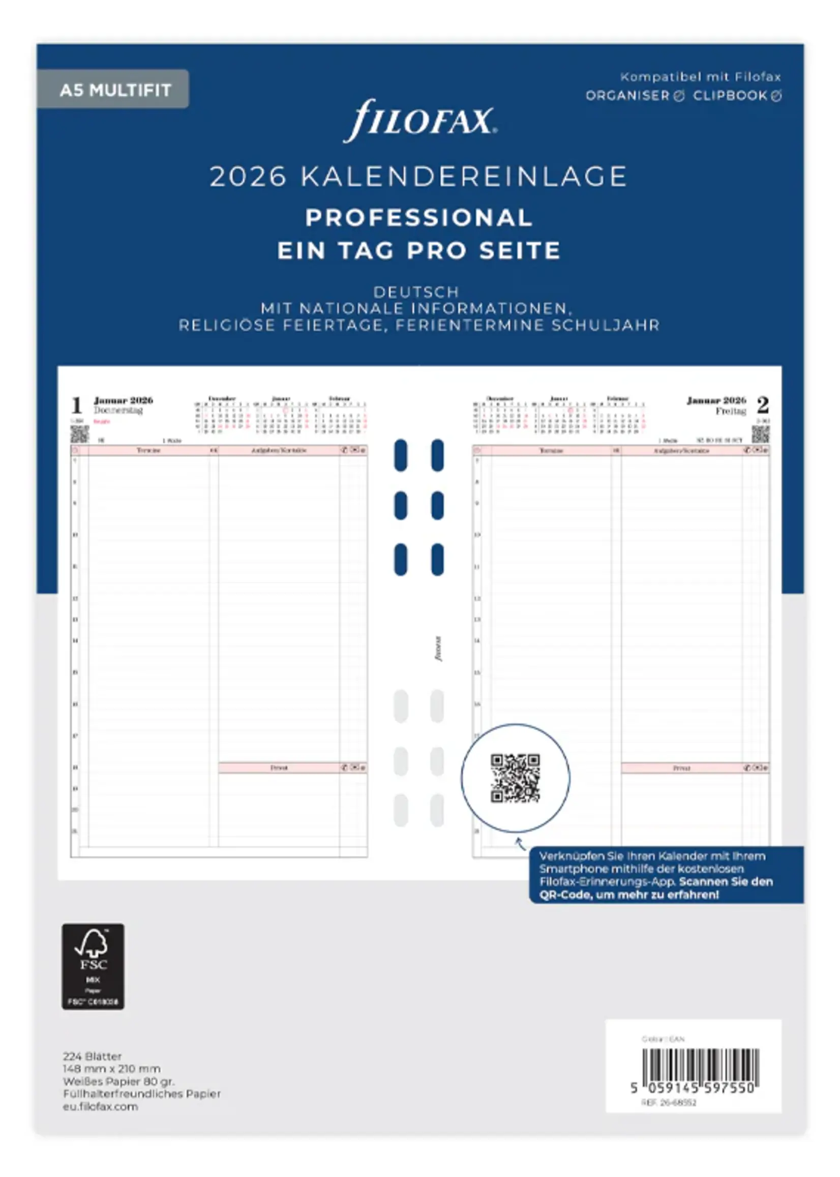 Filofax 1 Tag / 1 Seite Professional deutsch A5 2026
