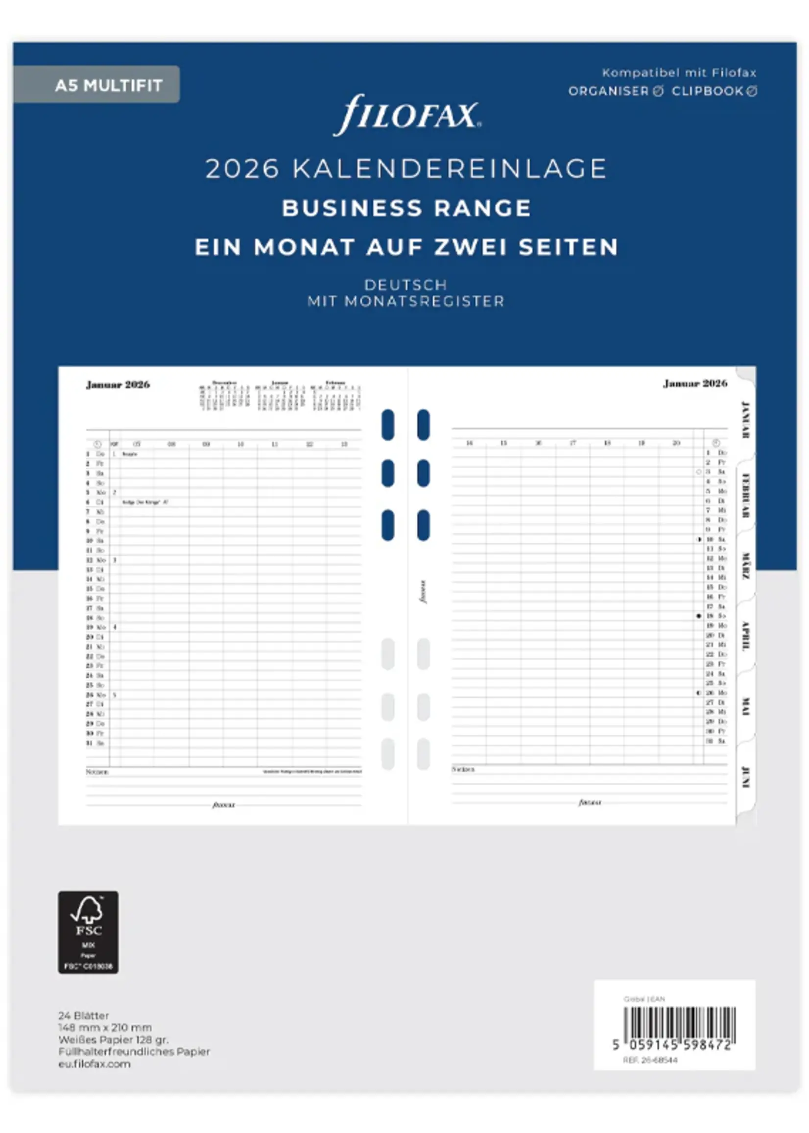 Filofax 1 Monat / 2 Seiten deutsch A5 2026