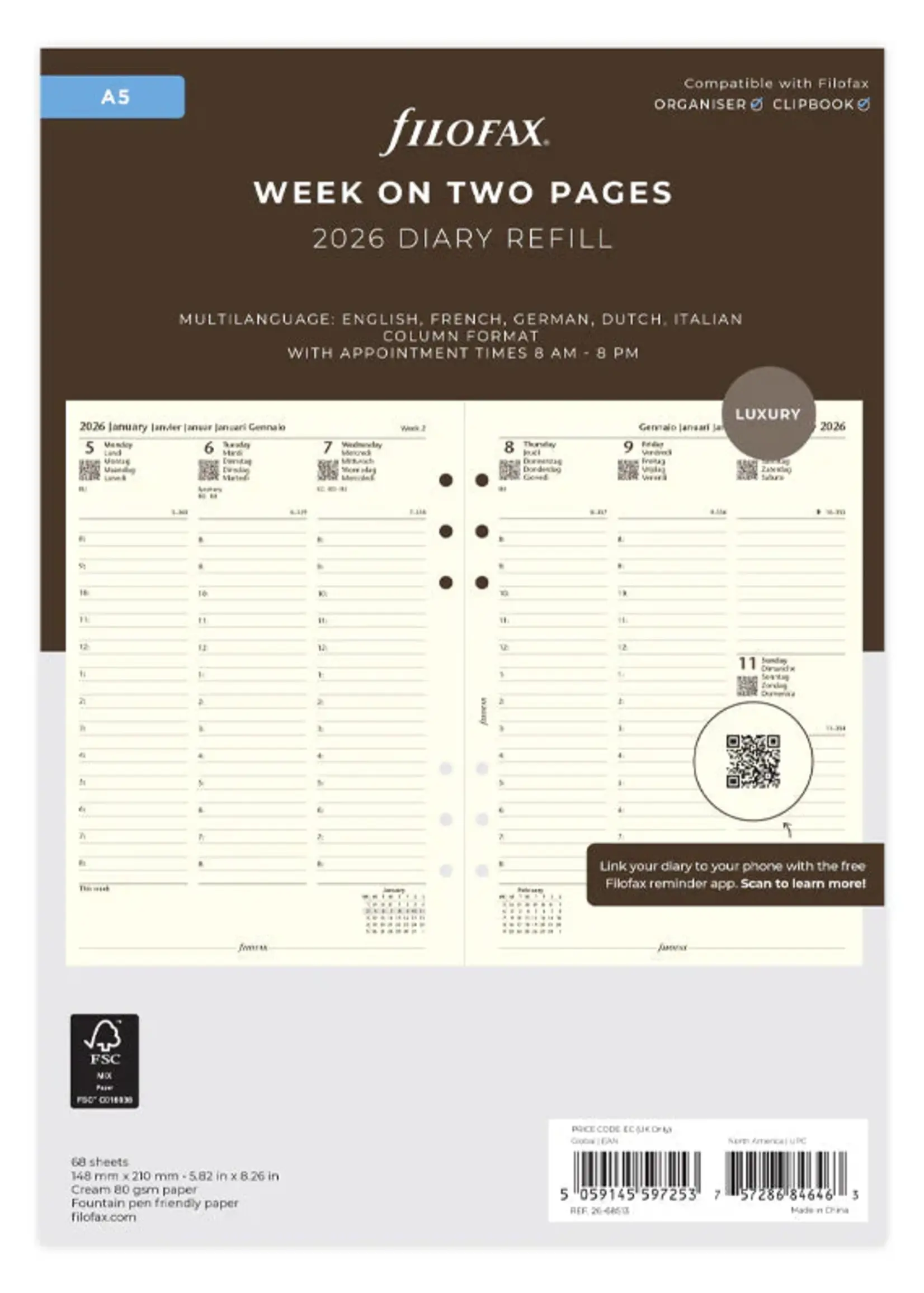 Filofax 1 Woche / 2 Seiten multilingual A5 2026